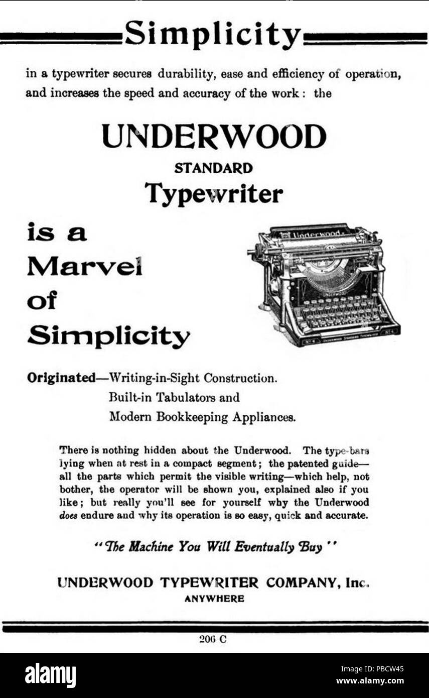 1234 PSM V75 D640 Underwood typewriter annuncio 1909 Foto Stock