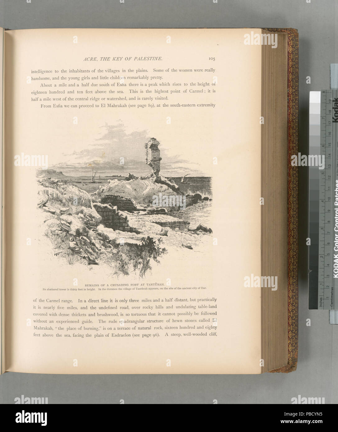 1252 i resti di un fortilizio crociato a Tantûrah. La sua torre infranta è di trenta metri in altezza. In lontananza il villaggio di Tantûrah appare, nel sito della città antica di Dor (NYPL b10607452-80633) Foto Stock