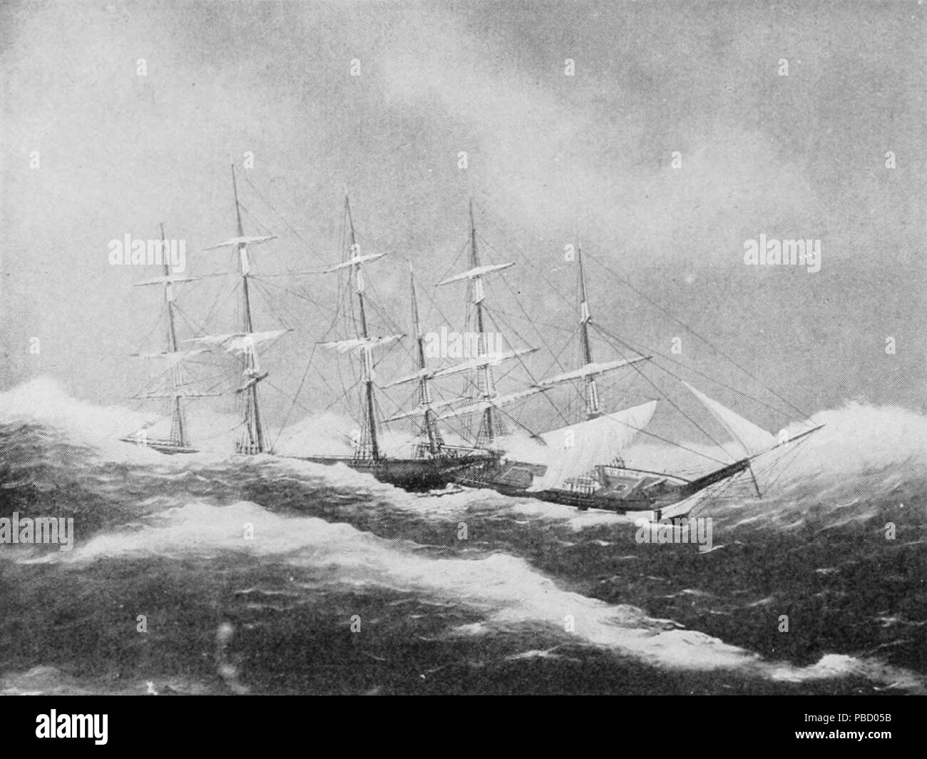 . Inglese: il salvataggio del clipper ship Tejuca's equipaggio dalla nave Excelsior (a destra) durante un uragano sull'Atlantico nel gennaio 1856. Excelsior il capitano è stato successivamente dato un premio per la galanteria per il salvataggio. Tejuca era un piccolo 470-ton clipper ship costruito in Hoboken, New Jersey nel 1854. Da un dipinto di Thomas Pitman. Data sconosciuta 1254 Salvataggio di clipper Tejuca's equipaggio dalla nave Excelsior, 1856 Foto Stock
