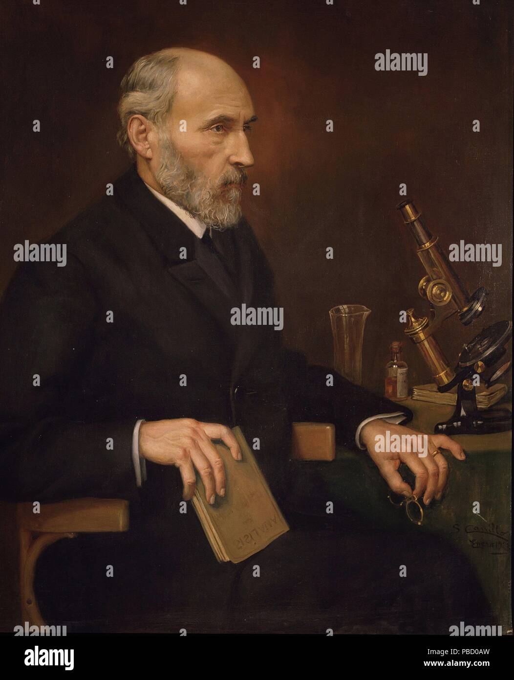 RAMON Y CAJAL , SANTIAGO. MEDICO ESPAÑOL . PETILLA de Aragón 1852 - 1934. OLEO DE S . CARRILLO. REAL ACADEMIA DE MEDICINA . MADRID. Foto Stock
