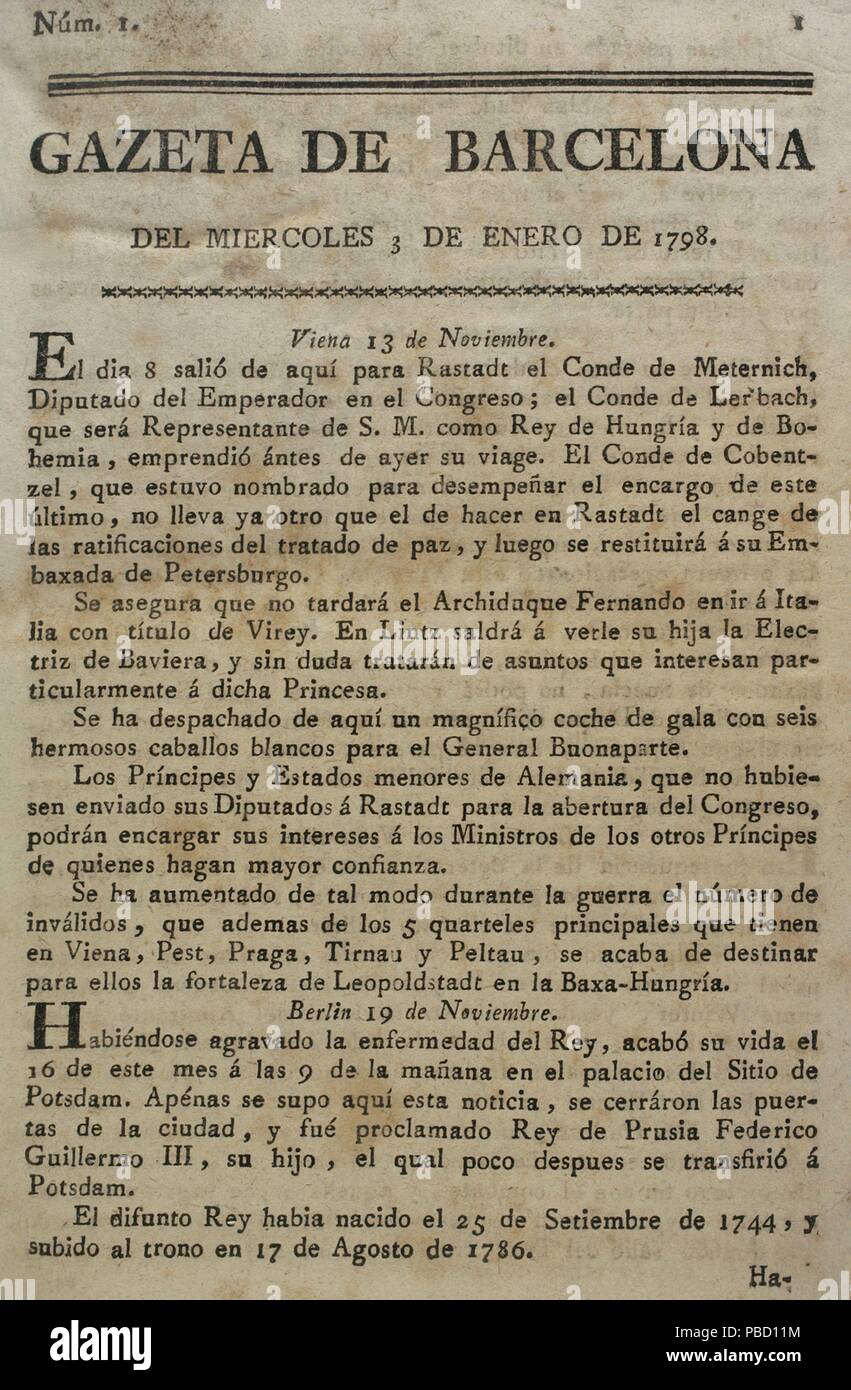 Gazeta de Barcelona, 3 de enero de 1798. Núm. 1. Portada. Biblioteca Histórico Militar de Barcelona. Cataluña. España. Foto Stock