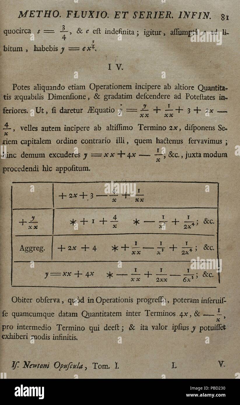 Isaac Newton (Woolsthorpe,1642-Londres,1727). Fisico, matemático y astrónomo inglés. Opúscula Mathematica, Philosophica et Philologica. Tomo I. Mathematica. Página interno con cálculos matemáticos. Obra editada en Lausana y Ginebra, 1744. La obra original de Newton es del 1686. Biblioteca Histórico Militar de Barcelona, Cataluña, España. Foto Stock