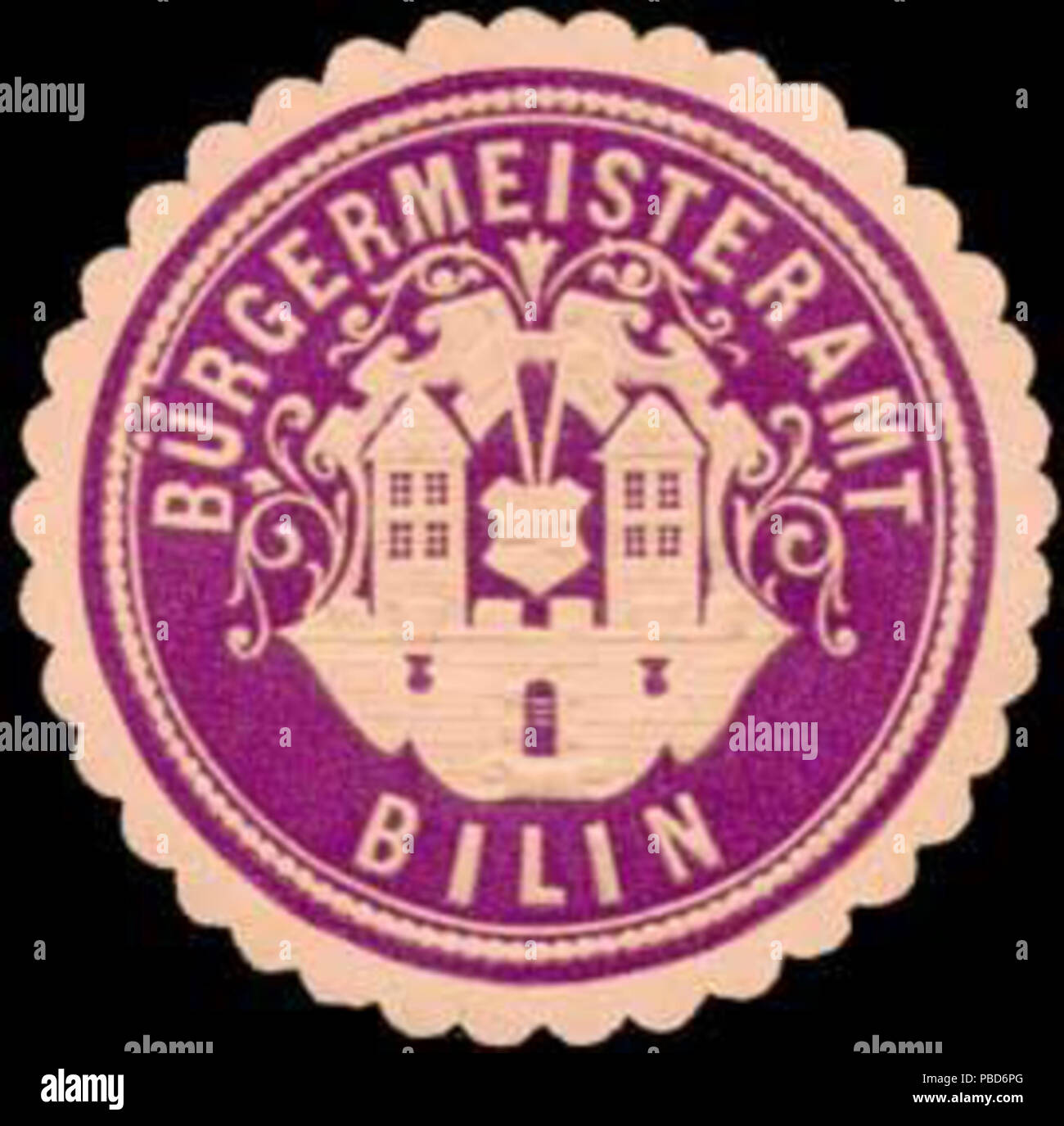Alte Briefverschlussmarke aus Papier, welche seit ca. 1850 von Behoerden, Anwaelten, Notaren und Firmen zum verschliessen der Post verwendet wurde. 1330 Siegelmarke Bürgermeisteramt Bilin W0319543 Foto Stock