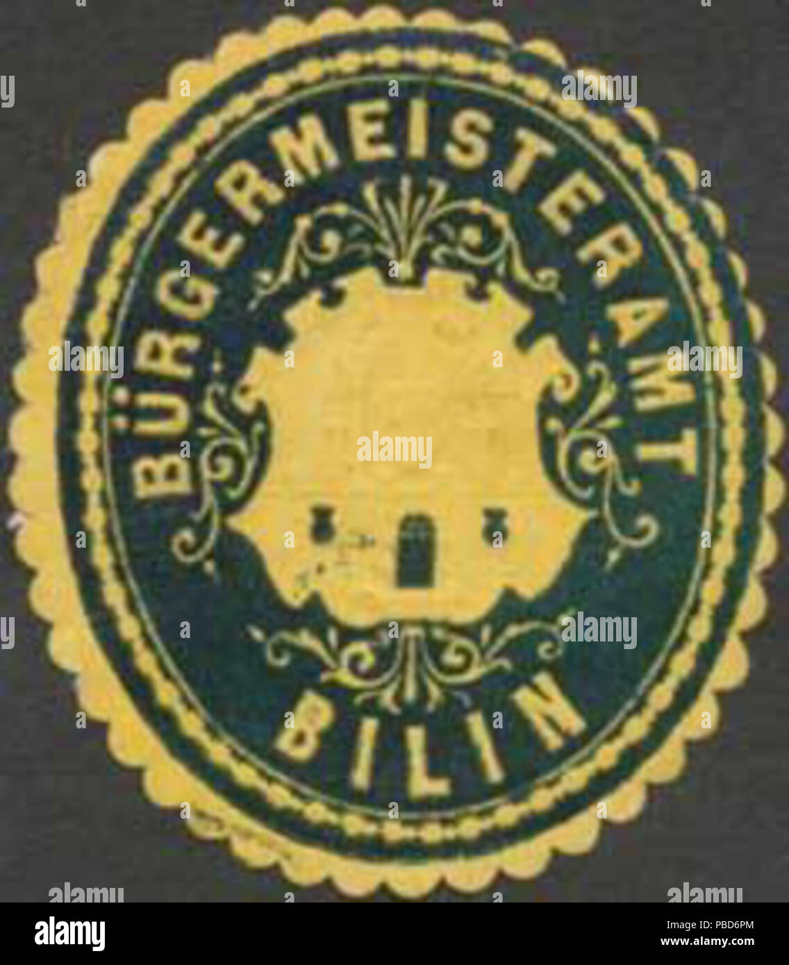 Alte Briefverschlussmarke aus Papier, welche seit ca. 1850 von Behoerden, Anwaelten, Notaren und Firmen zum verschliessen der Post verwendet wurde. 1330 Siegelmarke Bürgermeisteramt Bilin W0381075 Foto Stock