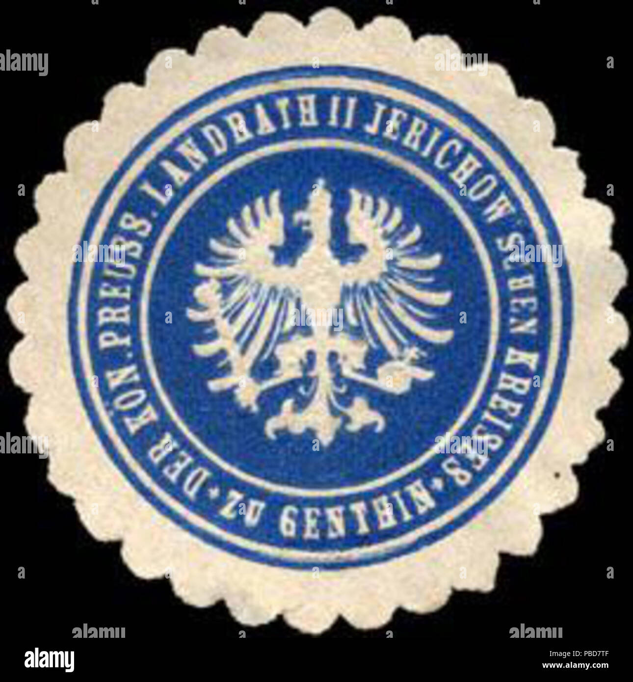 Alte Briefverschlussmarke aus Papier, welche seit ca. 1850 von Behoerden, Anwaelten, Notaren und Firmen zum verschliessen der Post verwendet wurde. 1338 Siegelmarke Der Königlich Preussische Landrath II Jerichowschen Kreises zu Genthin W0219952 Foto Stock