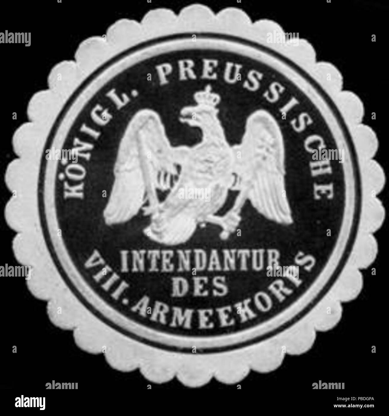 Alte Briefverschlussmarke aus Papier, welche seit ca. 1850 von Behoerden, Anwaelten, Notaren und Firmen zum verschliessen der Post verwendet wurde. 1448 Siegelmarke Königl. Preussische Intendantur des VIII. Armeekorps W0307426 Foto Stock