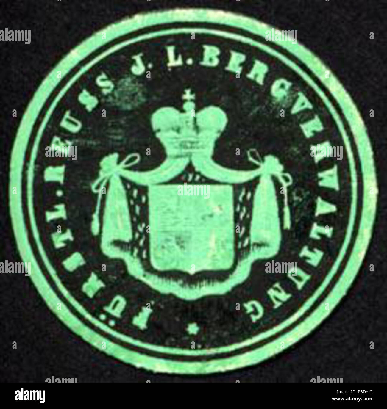 Alte Briefverschlussmarke aus Papier, welche seit ca. 1850 von Behoerden, Anwaelten, Notaren und Firmen zum verschliessen der Post verwendet wurde. 1357 Siegelmarke Fürstlich Reuss J. L. Bergverwaltung W0233161 Foto Stock