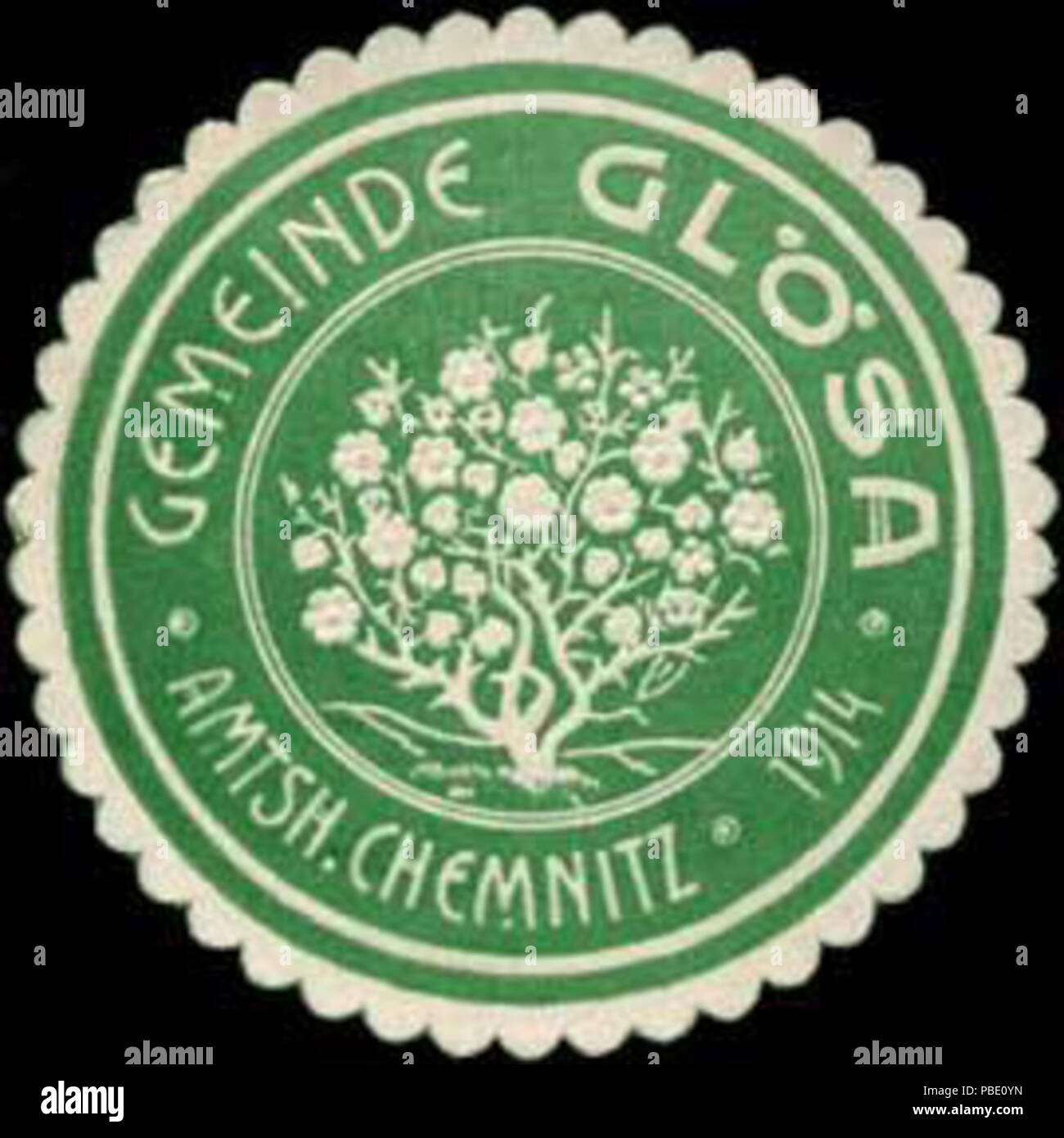 Alte Briefverschlussmarke aus Papier, welche seit ca. 1850 von Behoerden, Anwaelten, Notaren und Firmen zum verschliessen der Post verwendet wurde. 1364 Siegelmarke Gemeinde Glösa Amtsh. Chemnitz W0311240 Foto Stock