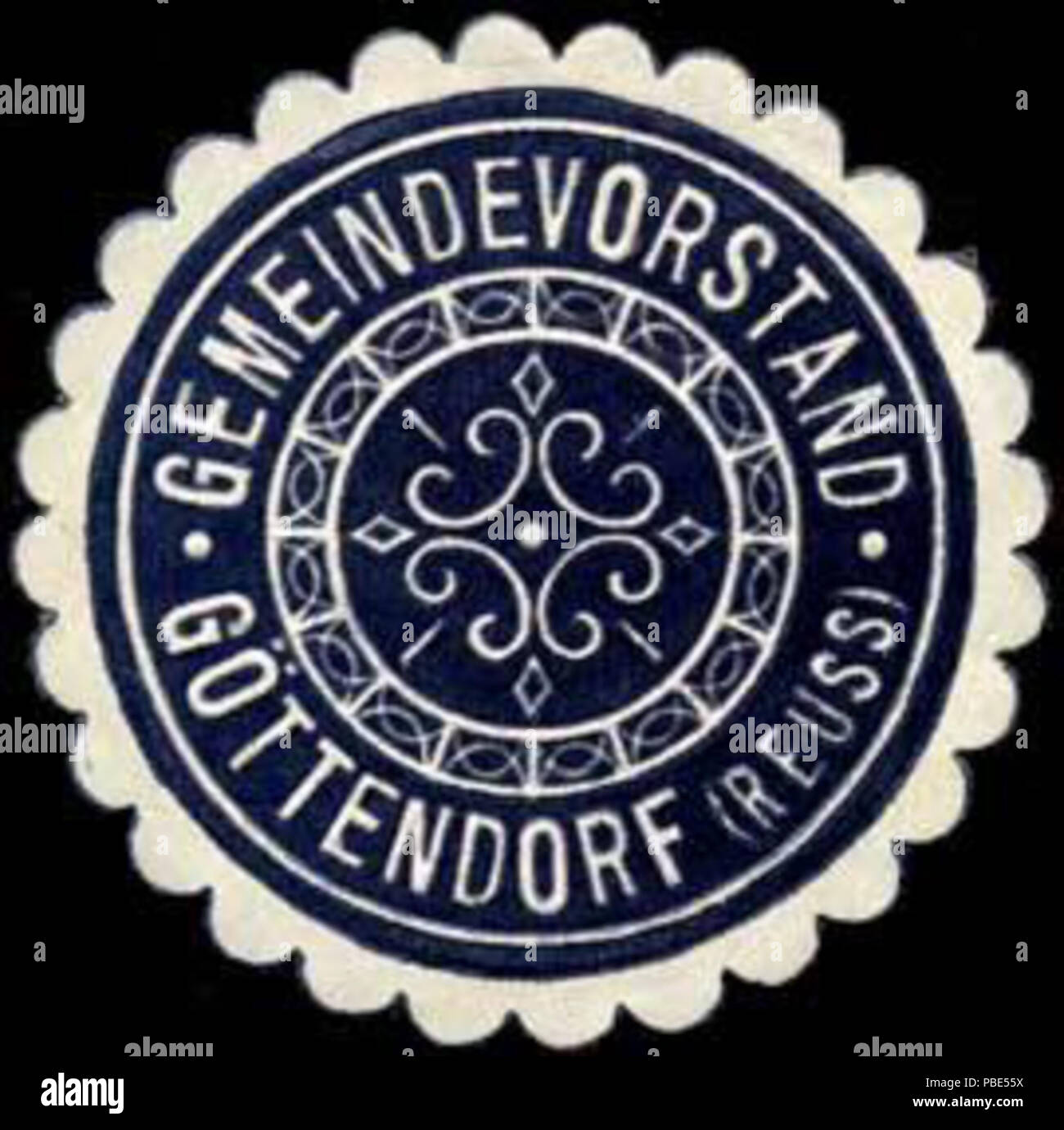 Alte Briefverschlussmarke aus Papier, welche seit ca. 1850 von Behoerden, Anwaelten, Notaren und Firmen zum verschliessen der Post verwendet wurde. 1389 Siegelmarke Gemeindevorstand Göttendorf (reuss) W0290125 Foto Stock