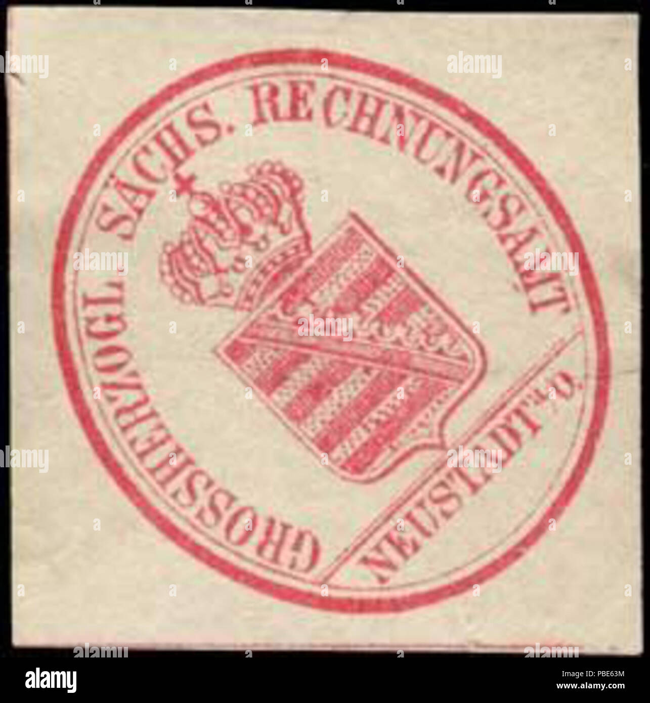Alte Briefverschlussmarke aus Papier, welche seit ca. 1850 von Behoerden, Anwaelten, Notaren und Firmen zum verschliessen der Post verwendet wurde. 1394 Grossherzogl Siegelmarke. Sächs. Rechnungsamt - Neustadt a.-O. W0290097 Foto Stock