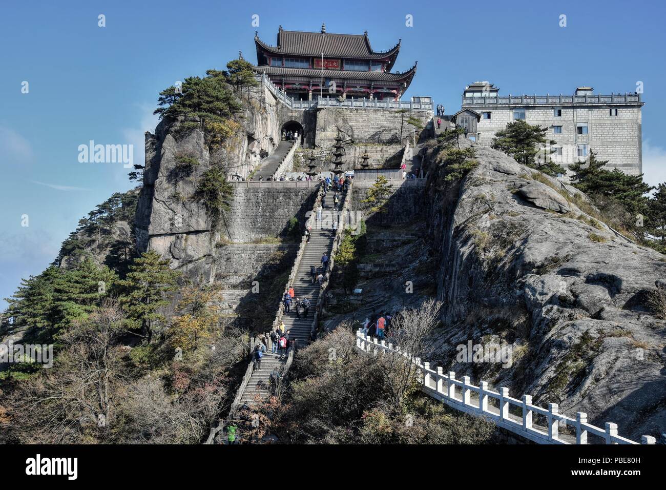 Tiantai Tempio della Daxiong Baodian, Tesoro Hall del grande eroe, sul Monte Jiuhua, nove Montagne incantate, una delle quattro montagne sacre di lombata Foto Stock
