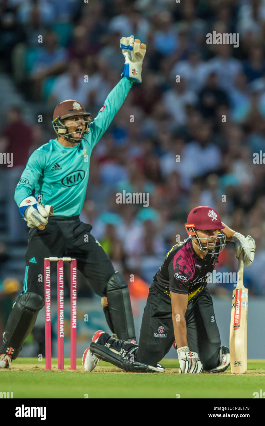 Londra, Regno Unito. 27 Luglio, 2018. James Hildreth è intrappolato LBW da Gareht Batty batting per Surrey contro Somerset nella vitalità T20 Blast corrispondono alla Kia ovale. David Rowe/Alamy Live News Foto Stock