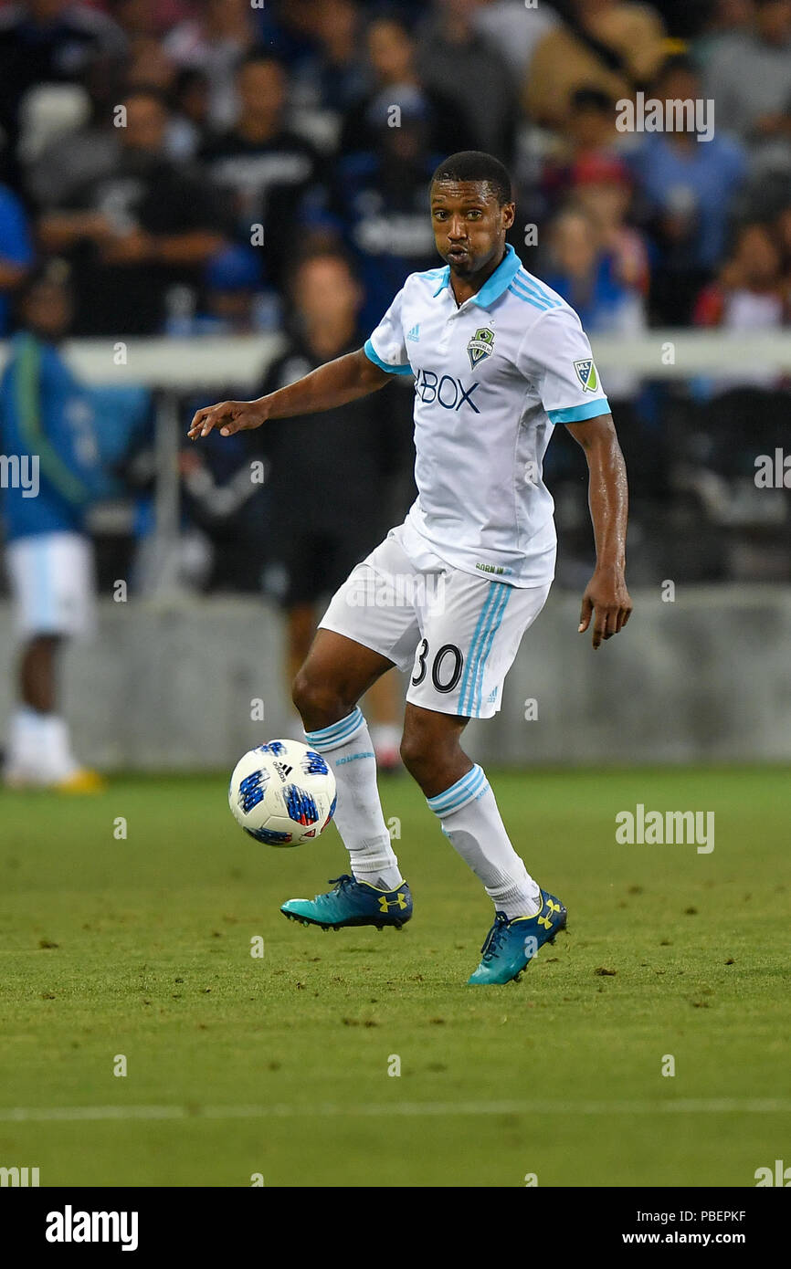 San Jose, California, Stati Uniti d'America. Xxv Luglio, 2018. Seattle sirene defender Giordania McCrary (30) in azione durante il match di MLS tra i segnalatori acustici di Seattle e il San Jose terremoti a Avaya Stadium di San Jose, California. Chris Brown/CSM/Alamy Live News Foto Stock