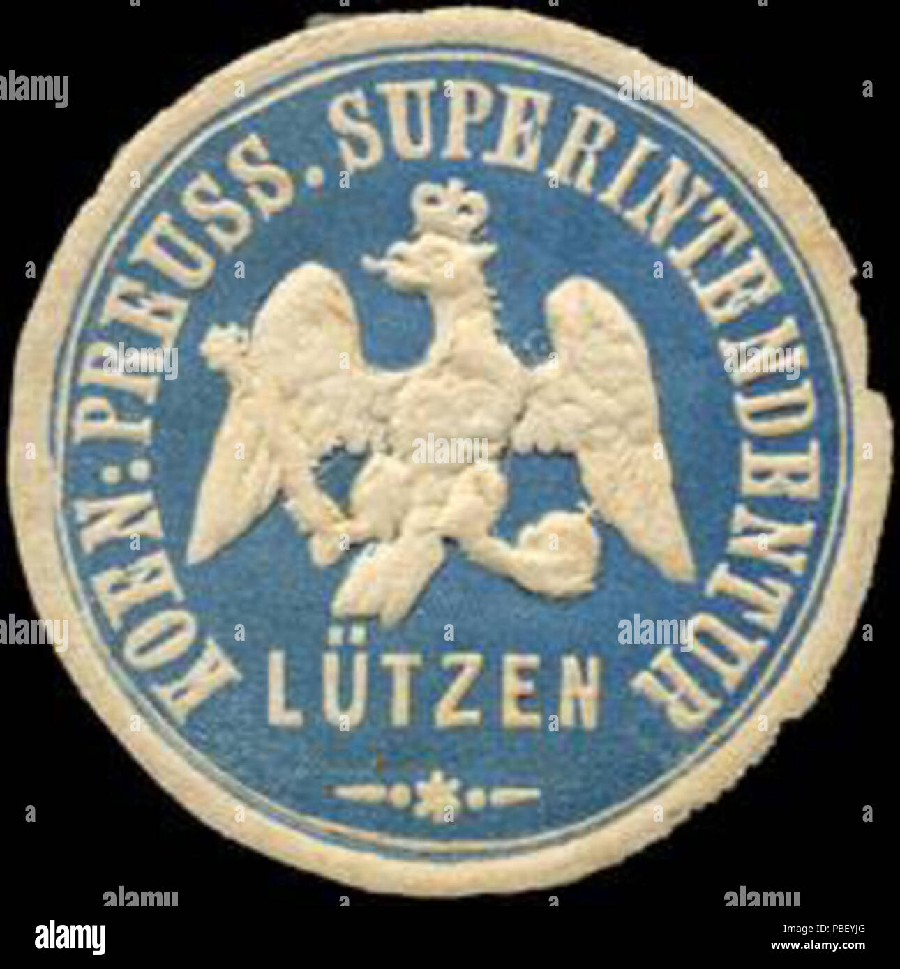 Alte Briefverschlussmarke aus Papier, welche seit ca. 1850 von Behoerden, Anwaelten, Notaren und Firmen zum verschliessen der Post verwendet wurde. 1442 Siegelmarke Koeniglich Preussische Superintendentur - Lützen W0223143 Foto Stock