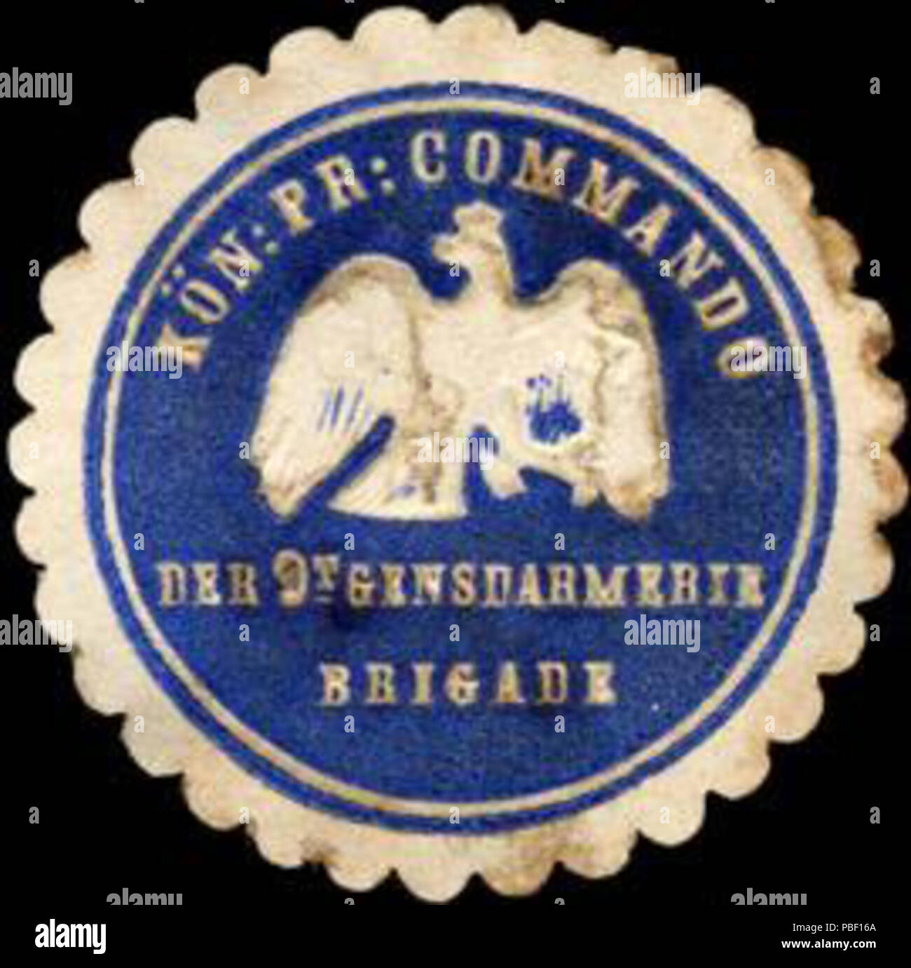 Alte Briefverschlussmarke aus Papier, welche seit ca. 1850 von Behoerden, Anwaelten, Notaren und Firmen zum verschliessen der Post verwendet wurde. 1451 Siegelmarke Königlich Preussische Commando der 9T Brigata Gensdarmerie W0204682 Foto Stock