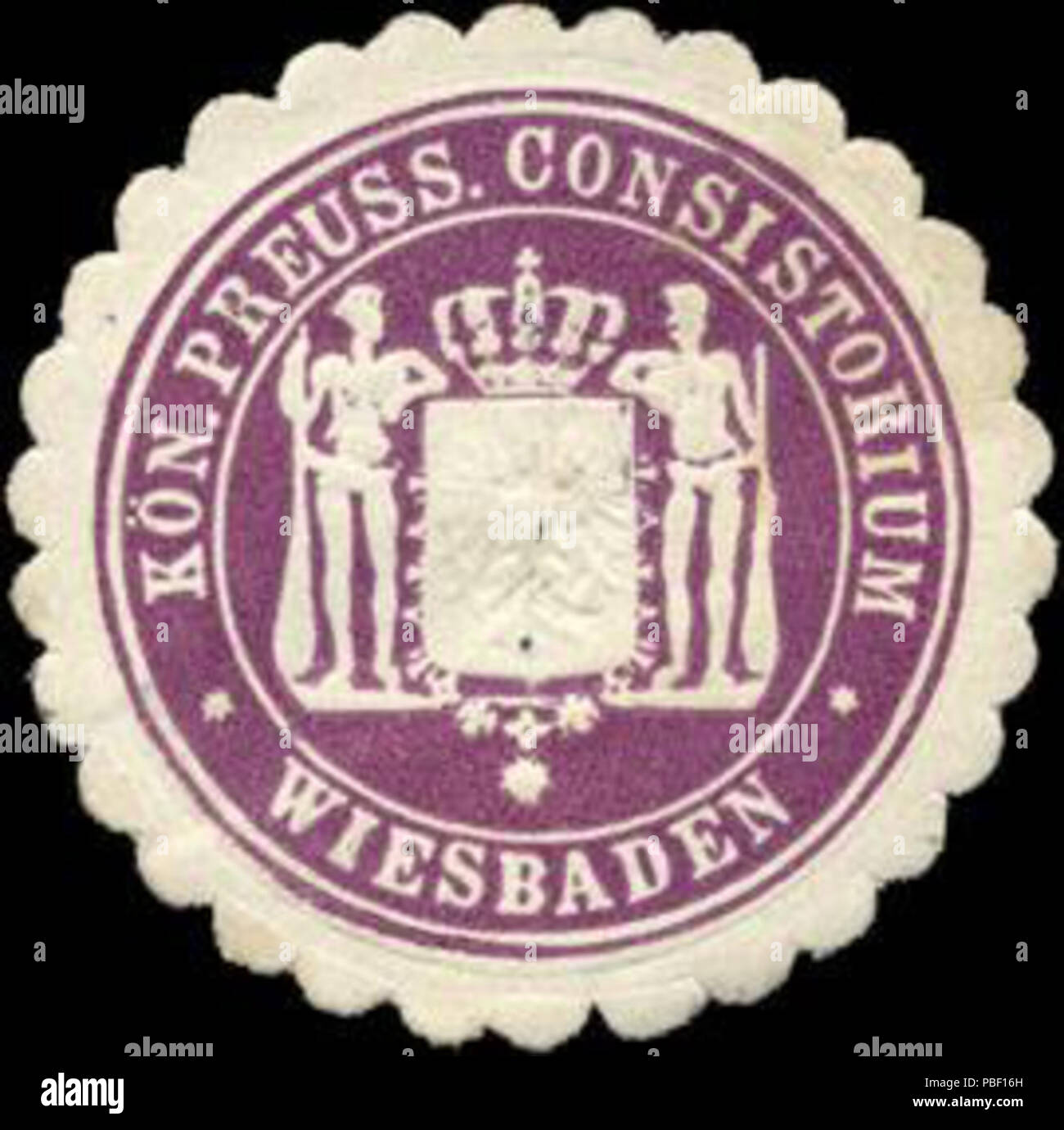 Alte Briefverschlussmarke aus Papier, welche seit ca. 1850 von Behoerden, Anwaelten, Notaren und Firmen zum verschliessen der Post verwendet wurde. 1451 Siegelmarke Königlich Preussische Consistorium - Wiesbaden W0216637 Foto Stock