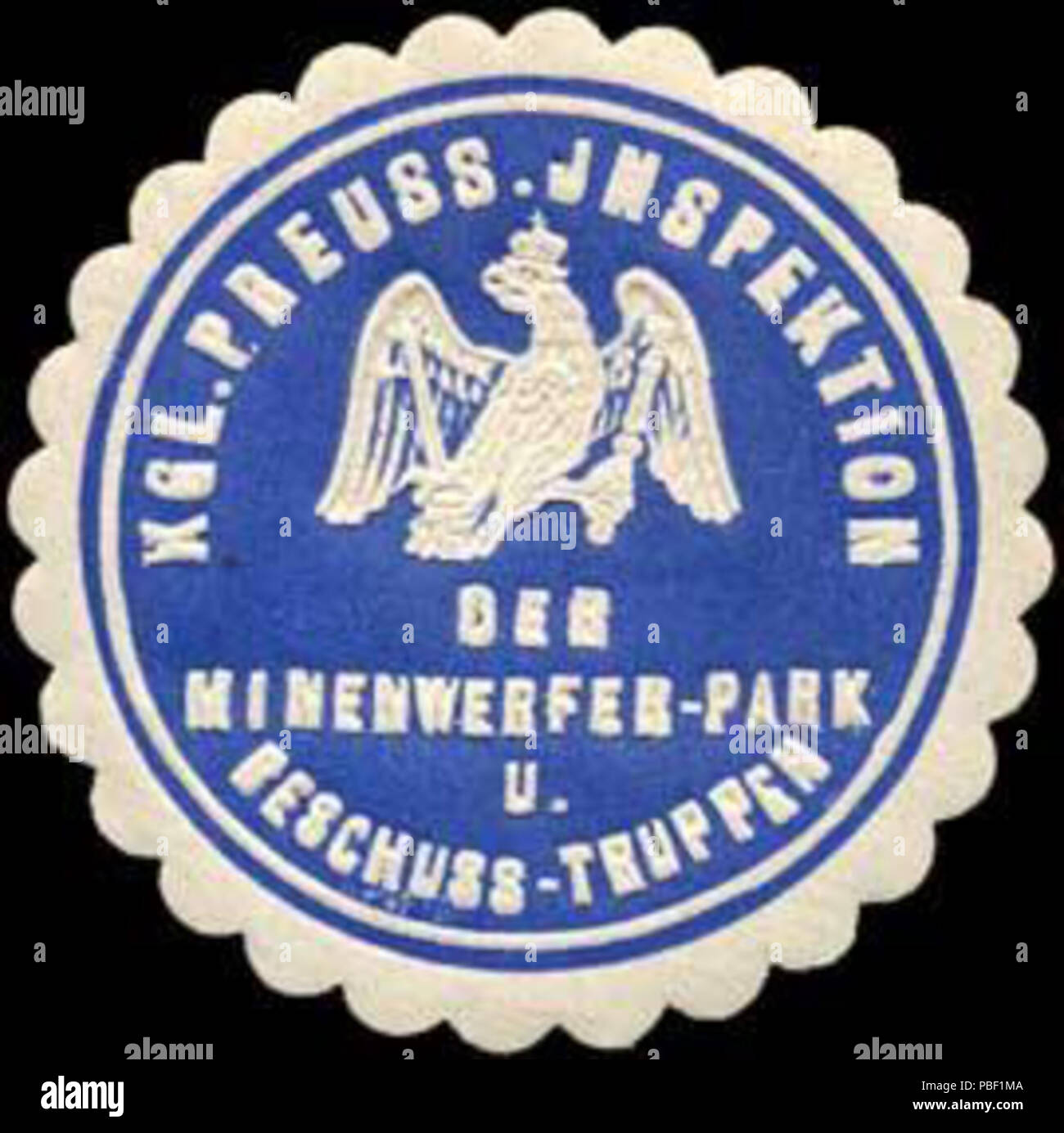 Alte Briefverschlussmarke aus Papier, welche seit ca. 1850 von Behoerden, Anwaelten, Notaren und Firmen zum verschliessen der Post verwendet wurde. 1453 Siegelmarke Königlich Preussische Inspektion der Minenwerfer - Parco und Beschuss - Truppen W0238158 Foto Stock