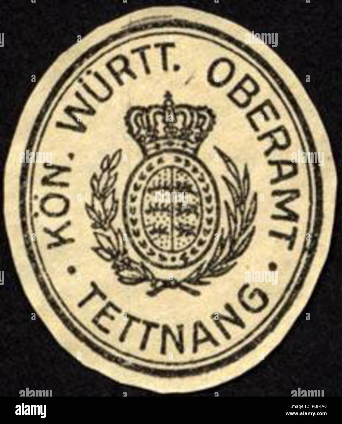 Alte Briefverschlussmarke aus Papier, welche seit ca. 1850 von Behoerden, Anwaelten, Notaren und Firmen zum verschliessen der Post verwendet wurde. 1466 Siegelmarke Königlich Württembergische Oberamt - Tettnang W0227891 Foto Stock