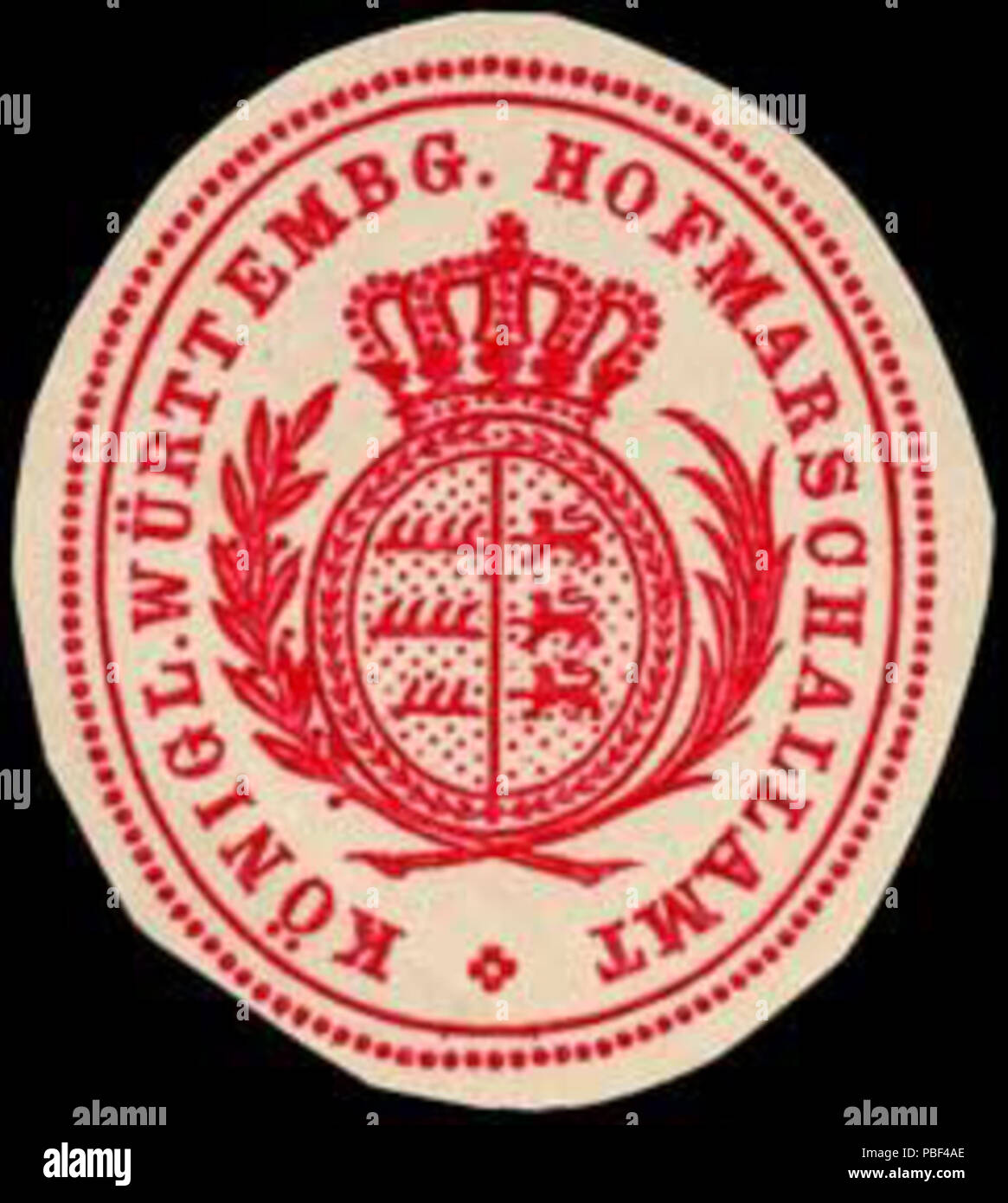 Alte Briefverschlussmarke aus Papier, welche seit ca. 1850 von Behoerden, Anwaelten, Notaren und Firmen zum verschliessen der Post verwendet wurde. 1466 Siegelmarke Königlich Württembergisches Hofmarschallamt W0246610 Foto Stock