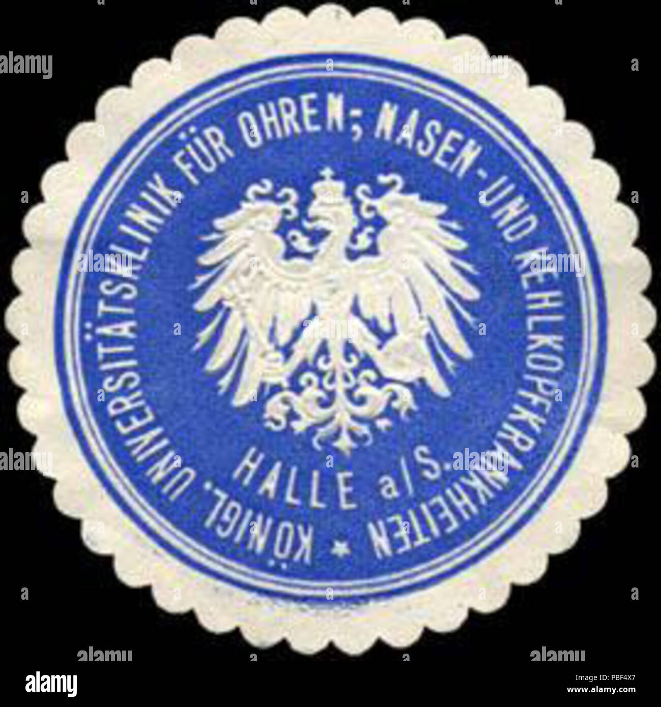 Alte Briefverschlussmarke aus Papier, welche seit ca. 1850 von Behoerden, Anwaelten, Notaren und Firmen zum verschliessen der Post verwendet wurde. 1471 Siegelmarke Königliche Universitätsklinik für Ohren -, Nasen - und Kehlkopfkrankheiten - Halle an der Saale W0219454 Foto Stock