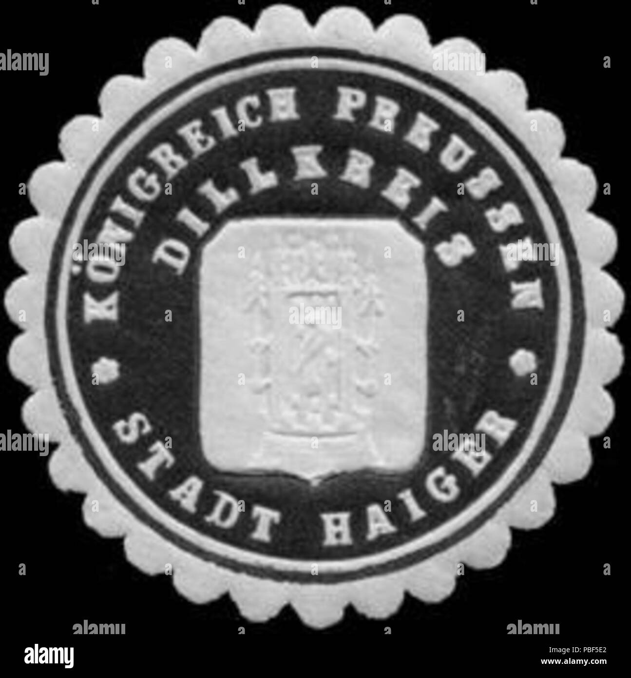 Alte Briefverschlussmarke aus Papier, welche seit ca. 1850 von Behoerden, Anwaelten, Notaren und Firmen zum verschliessen der Post verwendet wurde. 1473 Siegelmarke Königreich Preussen Stadt Haiger - Dillkreis W0313442 Foto Stock
