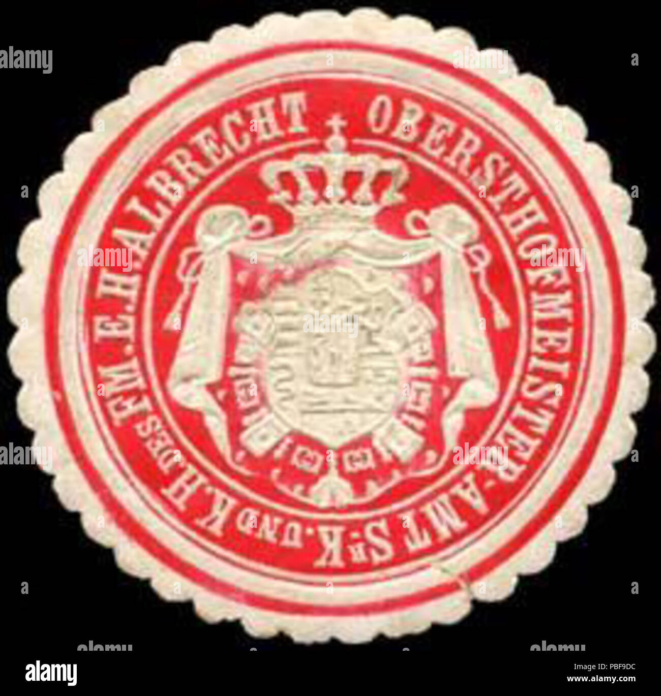 Alte Briefverschlussmarke aus Papier, welche seit ca. 1850 von Behoerden, Anwaelten, Notaren und Firmen zum verschliessen der Post verwendet wurde. 1494 Siegelmarke Obersthofmeister-Amt circuizione Königlichen und Kaiserlichen Hoheit des Fm. E.H. Albrecht W0260499 Foto Stock