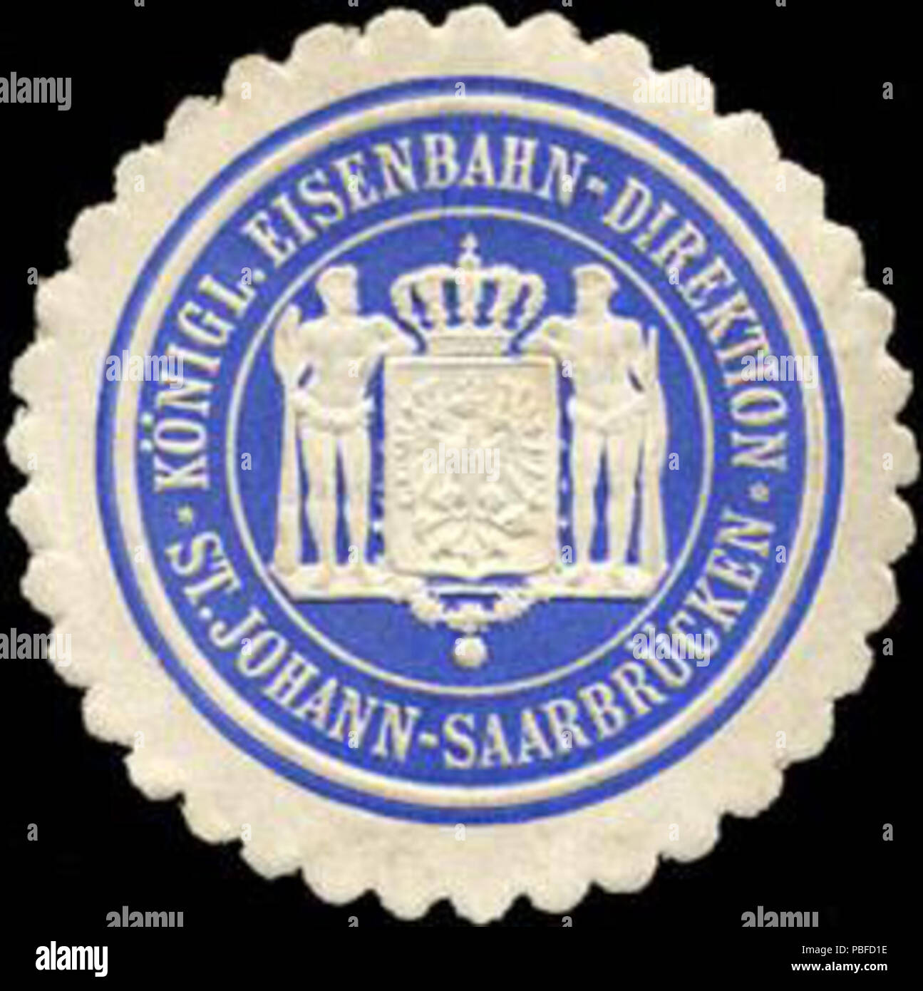 Alte Briefverschlussmarke aus Papier, welche seit ca. 1850 von Behoerden, Anwaelten, Notaren und Firmen zum verschliessen der Post verwendet wurde. 1467 Siegelmarke Königliche Eisenbahn - Direktion - Johann - Saarbrücken W0212937 Foto Stock
