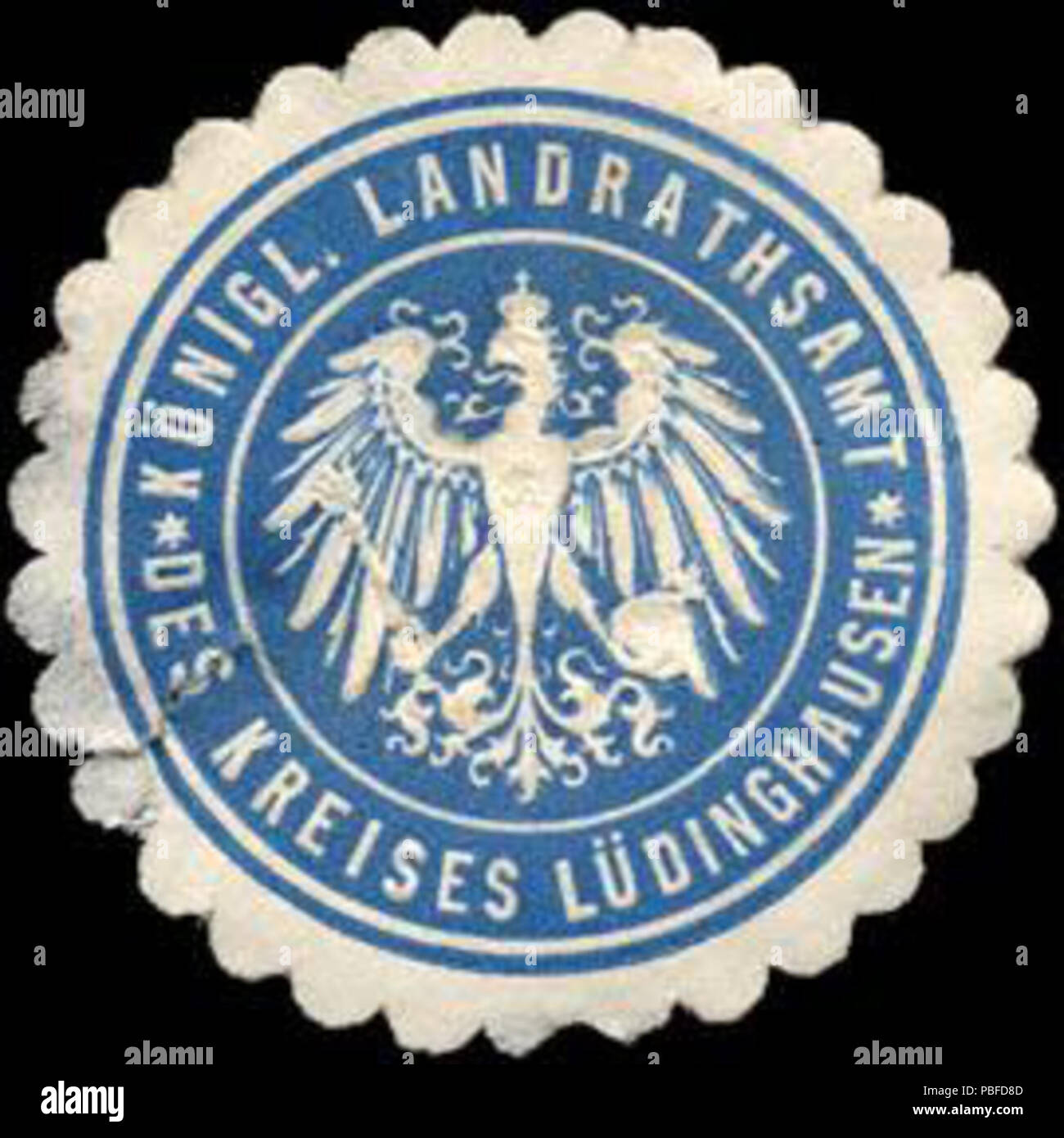 Alte Briefverschlussmarke aus Papier, welche seit ca. 1850 von Behoerden, Anwaelten, Notaren und Firmen zum verschliessen der Post verwendet wurde. 1469 Siegelmarke Königliche Landrathsamt des Kreises Lüdinghausen W0213915 Foto Stock