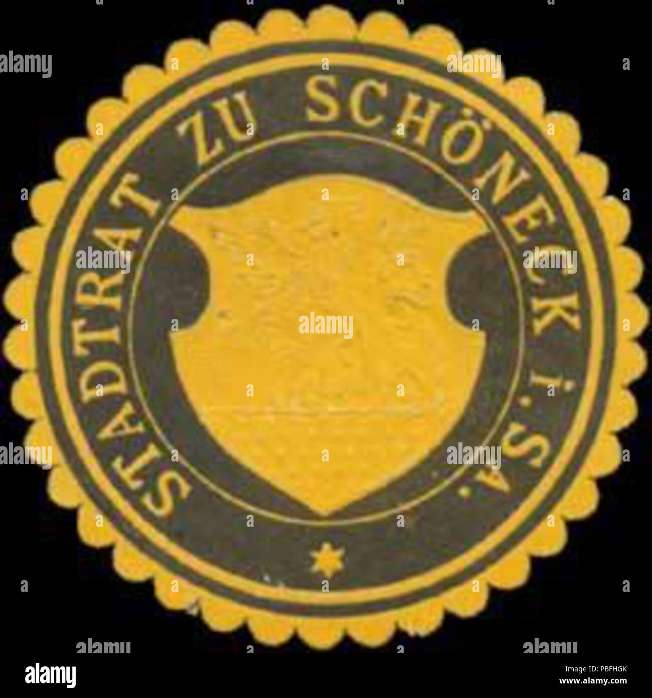 Alte Briefverschlussmarke aus Papier, welche seit ca. 1850 von Behoerden, Anwaelten, Notaren und Firmen zum verschliessen der Post verwendet wurde. 1525 Siegelmarke Stadtrat zu Schöneck in Sachsen W0385977 Foto Stock