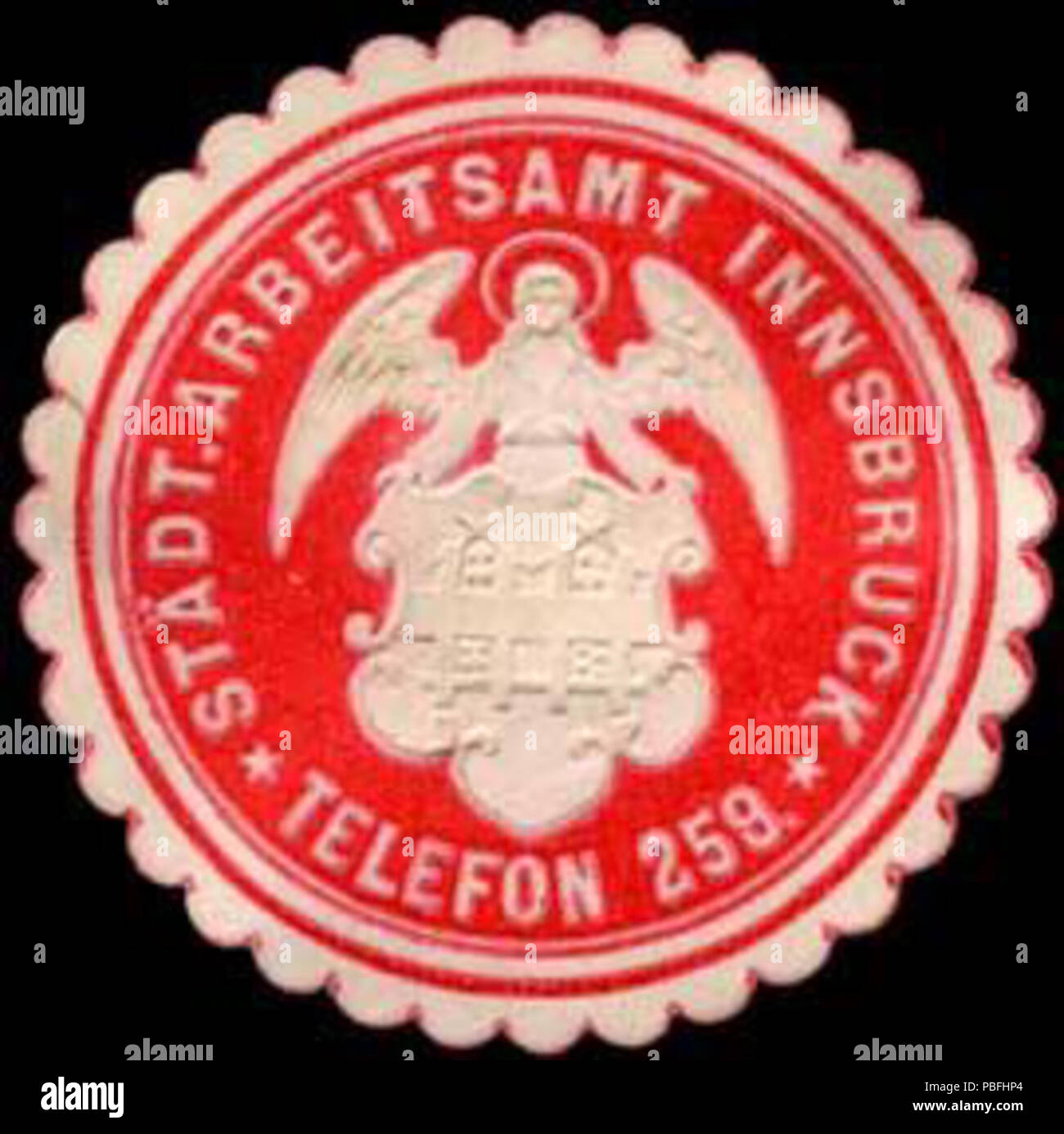 Alte Briefverschlussmarke aus Papier, welche seit ca. 1850 von Behoerden, Anwaelten, Notaren und Firmen zum verschliessen der Post verwendet wurde. 1531 Siegelmarke Städtisches Arbeitsamt Innsbruck W0261021 Foto Stock