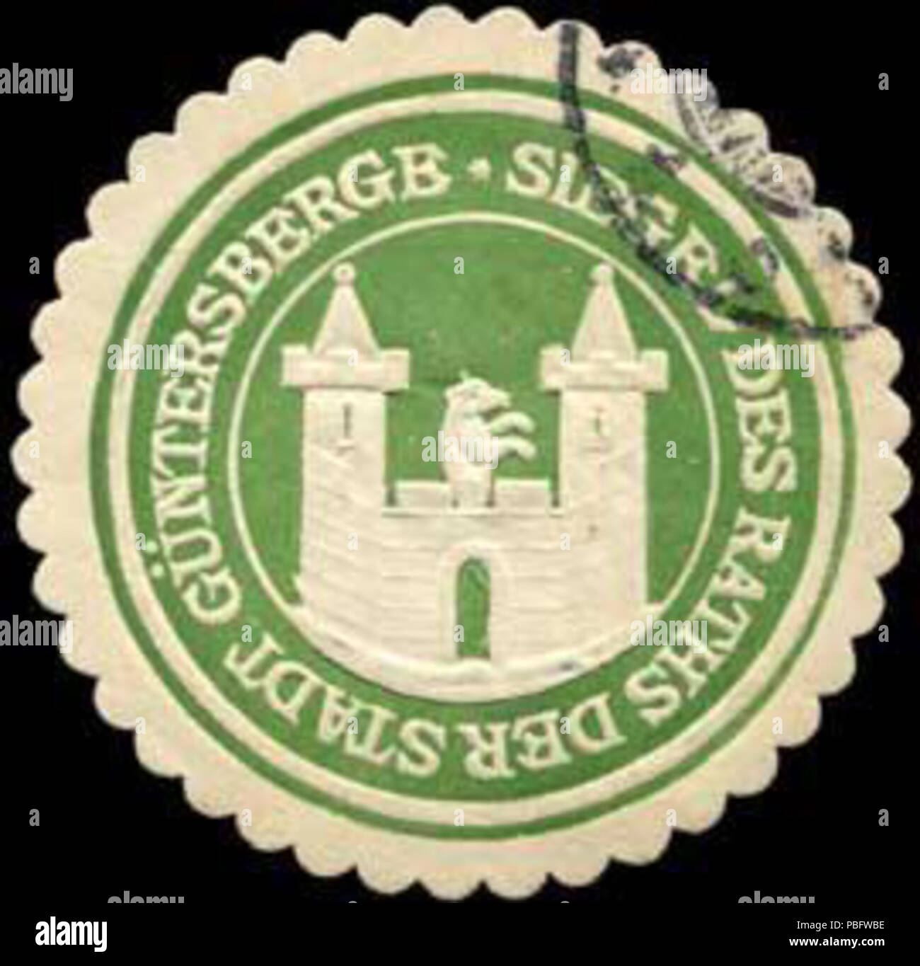 Alte Briefverschlussmarke aus Papier, welche seit ca. 1850 von Behoerden, Anwaelten, Notaren und Firmen zum verschliessen der Post verwendet wurde. 1511 Siegelmarke Siegel des Raths der Stadt Güntersberge W0260488 Foto Stock