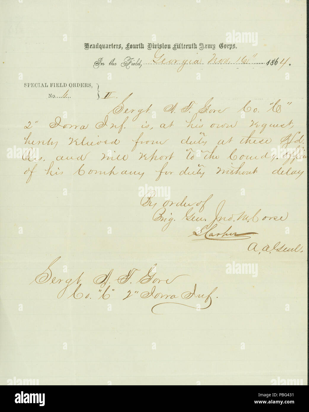 1557 campo speciale ordini, No. 11, di S. tappeti, A.A. Genl., sede centrale, quarta divisione quindicesimo esercito, nel campo, Georgia, 16 novembre 1864 Foto Stock