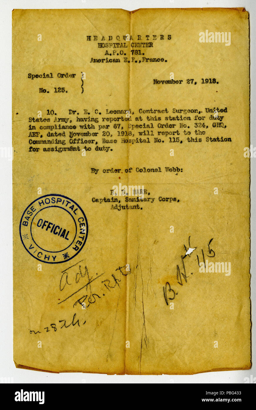 1557 Ordine speciale n. 125, estrarre copia 4, sede del Centro ospedaliero, A.P.O. 781, Francia, 27 novembre 1918 Foto Stock