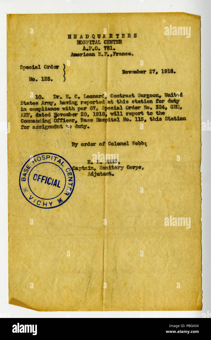 1557 Ordine speciale n. 125, Sede Centrale, Centro ospedaliero, A.P.O. 781, Francia, 27 novembre 1918 Foto Stock
