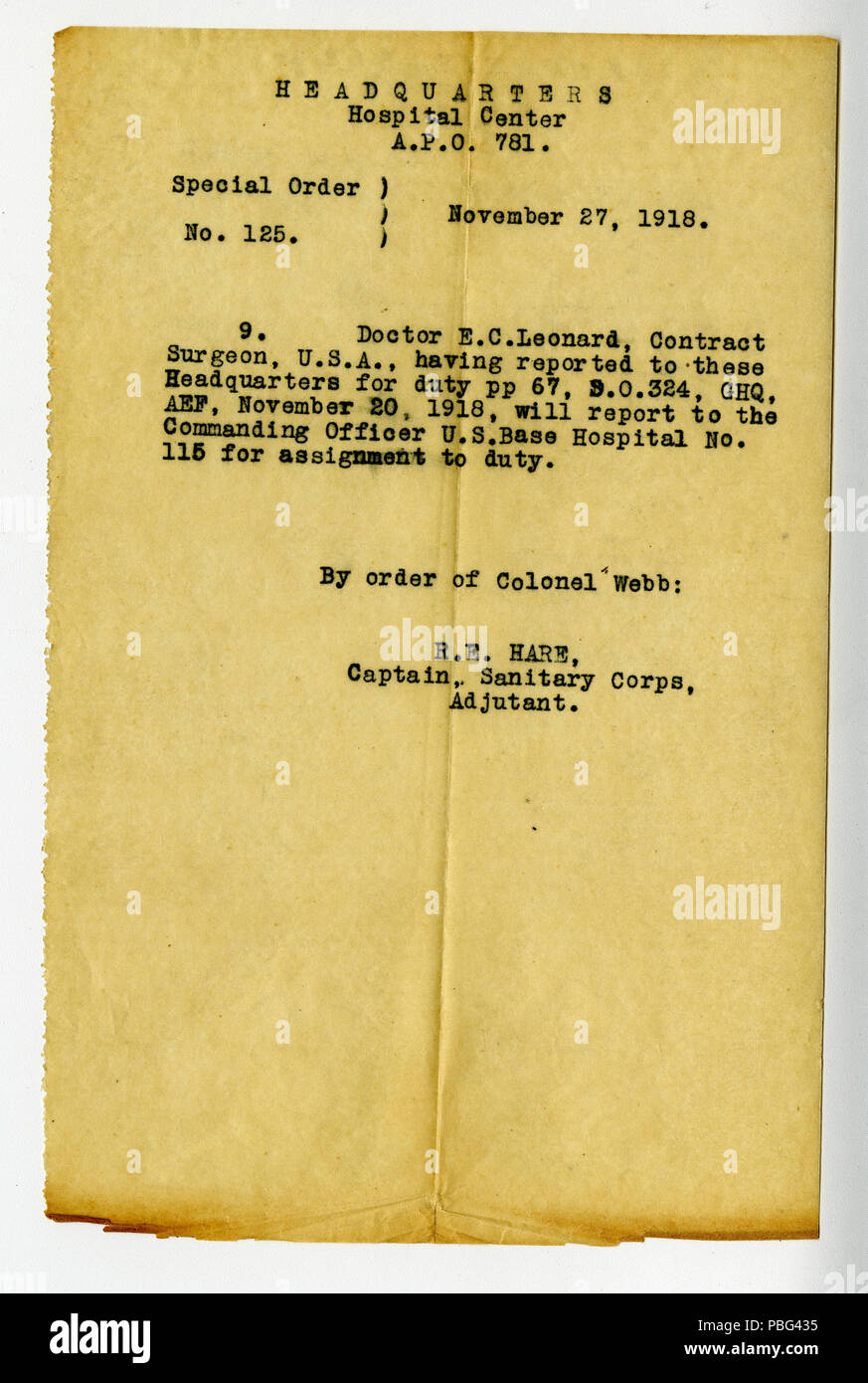 1557 Ordine speciale n. 125, estrarre copia 5, sede del Centro ospedaliero, A.P.O. 781, 27 novembre 1918 Foto Stock
