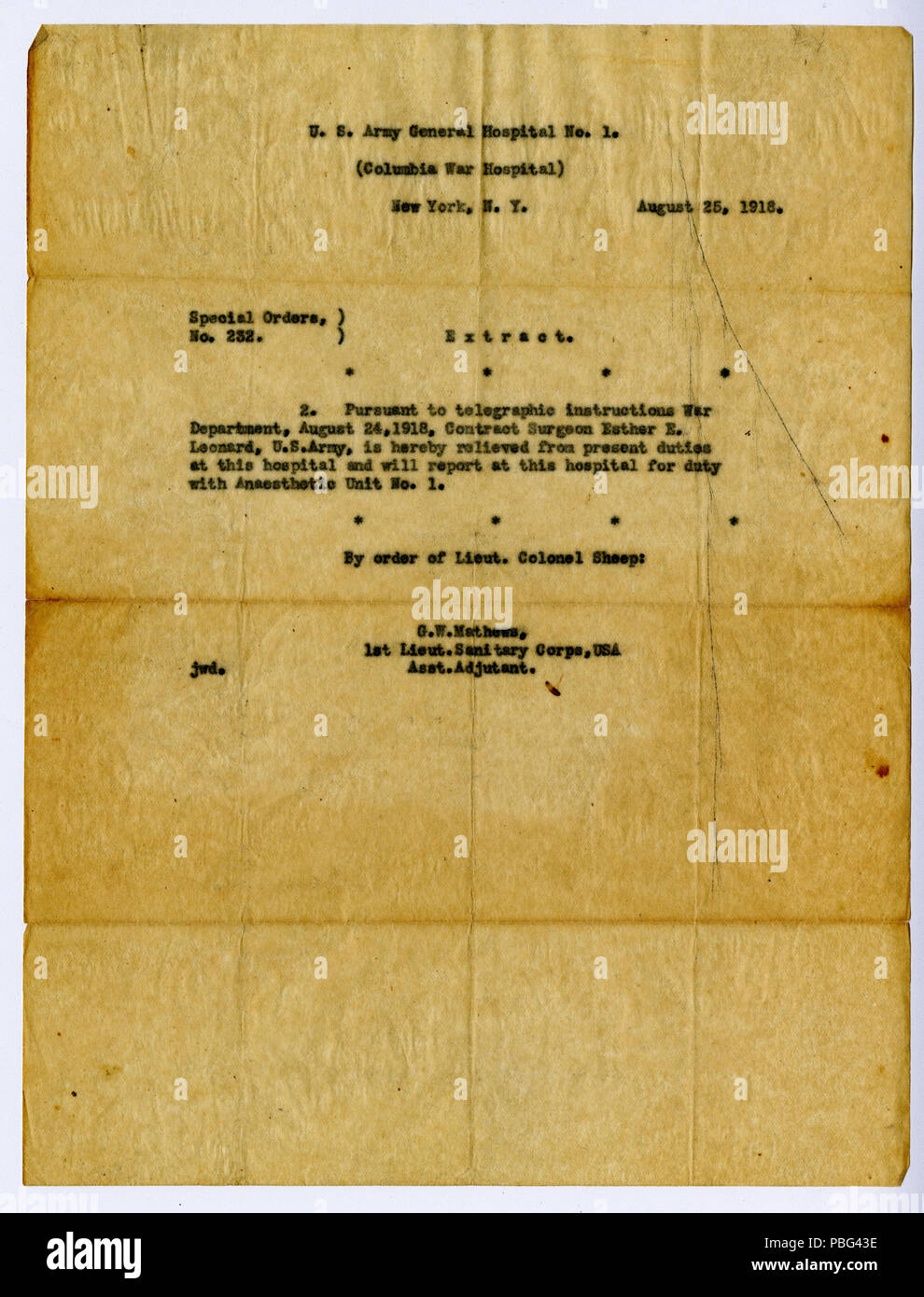 1557 Ordini speciali n. 232, estratto, U.S. Esercito Ospedale generale n. 1, (Columbia ospedale di guerra), New York, N.Y., 25 agosto 1918 Foto Stock
