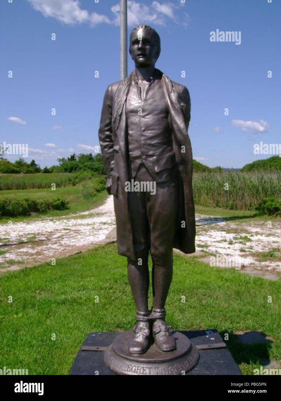 1571 la statua di Nathan Hale a Fort Nathan Hale in New Haven, CT Foto Stock