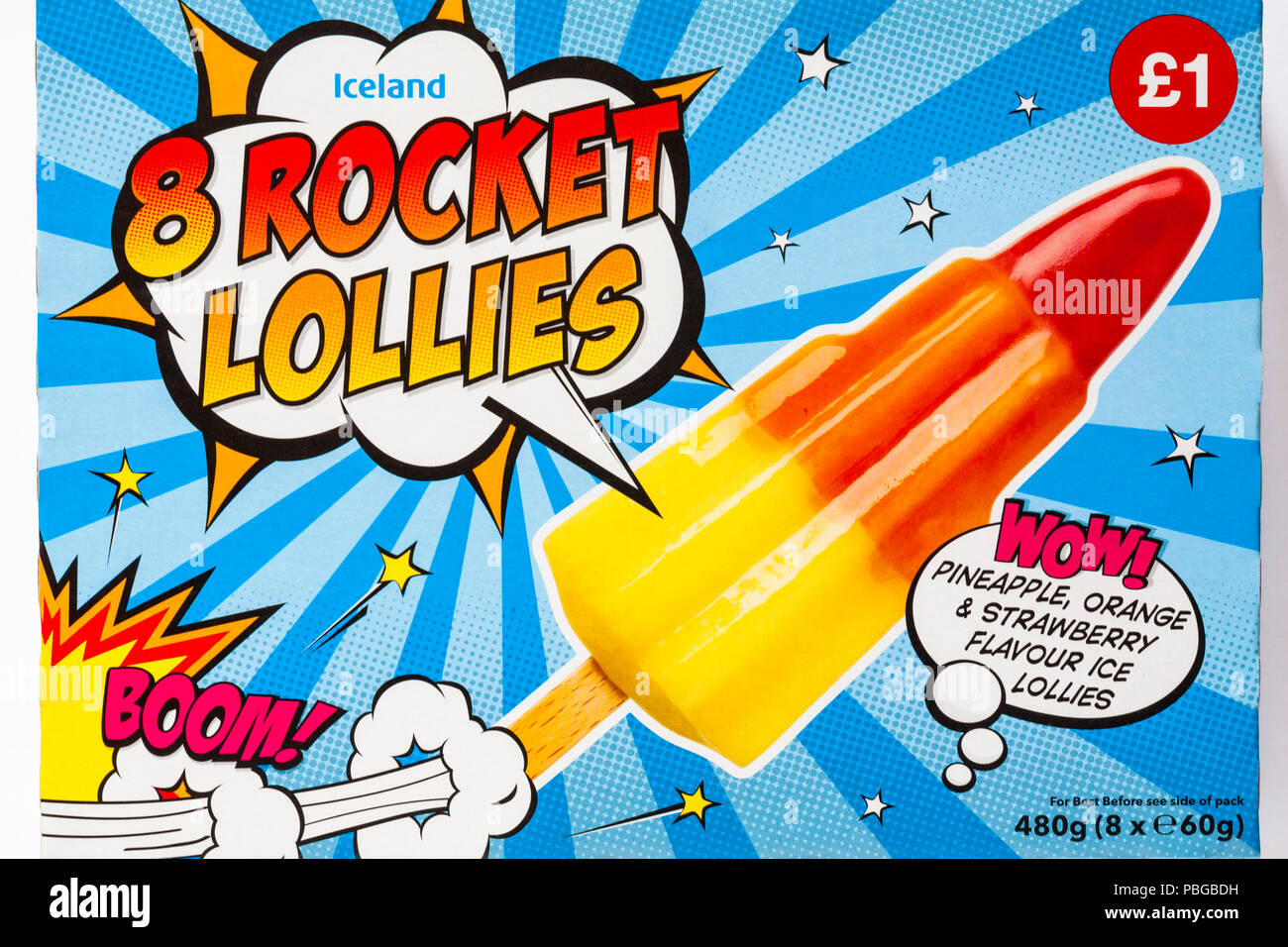 Islanda 8 rocket lollies ananas orange & sapore di fragola ghiaccioli - precursore del razzo per lecca-lecca, Zoom era 3 sapori diversi su un bastone Foto Stock