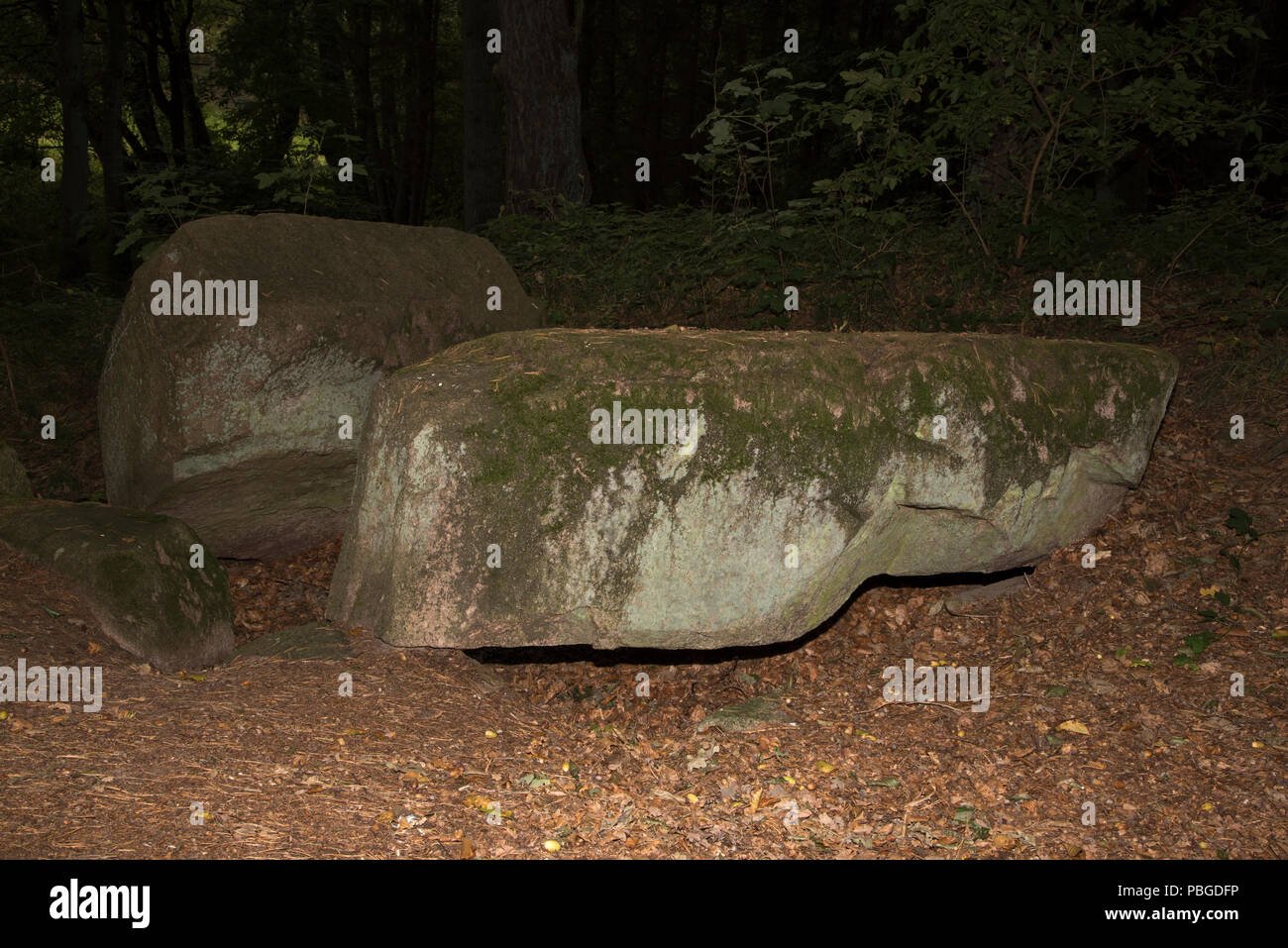 Anno 5500 vecchio grande megalitici dolmen vicino Lancken-Granitz nel sud-est di Ruegen isola nel mar Baltico nel nord-est della Germania. Foto Stock