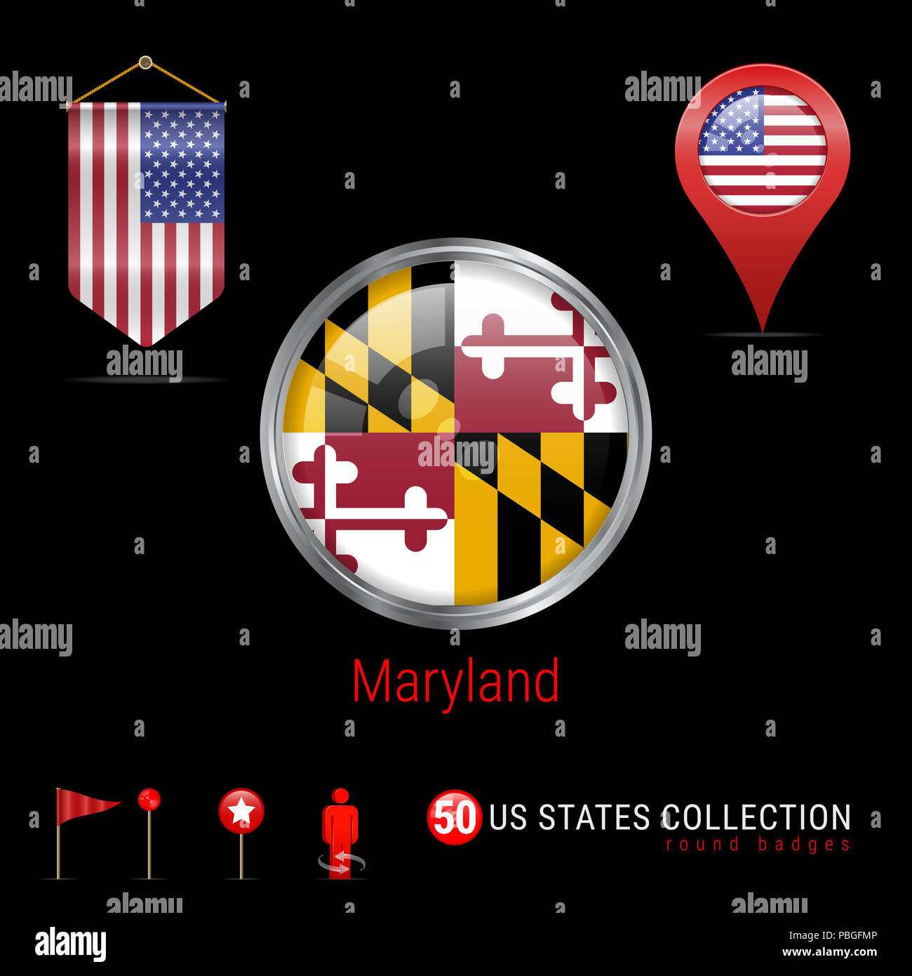 Round Badge in argento con Maryland US Flag di stato. Pulsante lucida bandiera del Maryland. Round Icona del Maryland con telaio di metallo. Pennant bandiera degli Stati Uniti d'America. Mappa puntare Foto Stock