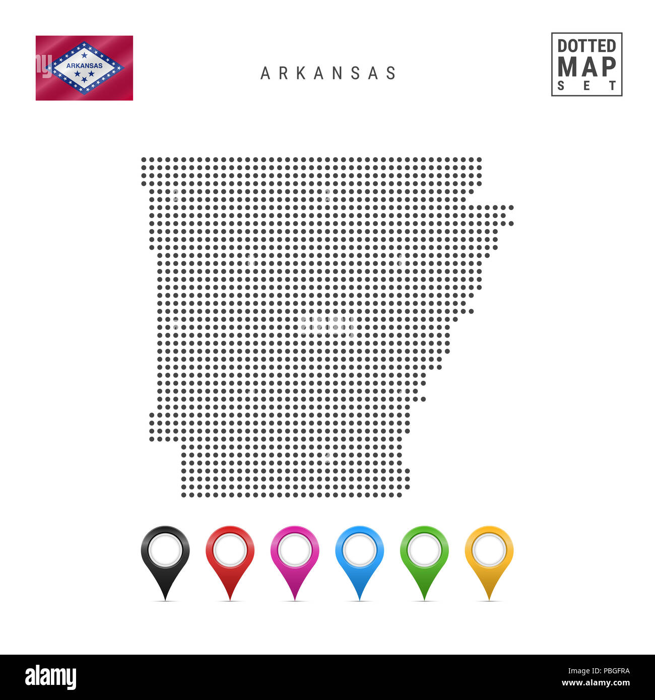 Punti mappa di pattern di Arkansas. Stilizzata semplice silhouette dell'Arkansas. La bandiera dello Stato di Arkansas. Insieme multicolore i marcatori mappa. Illustrazione Foto Stock