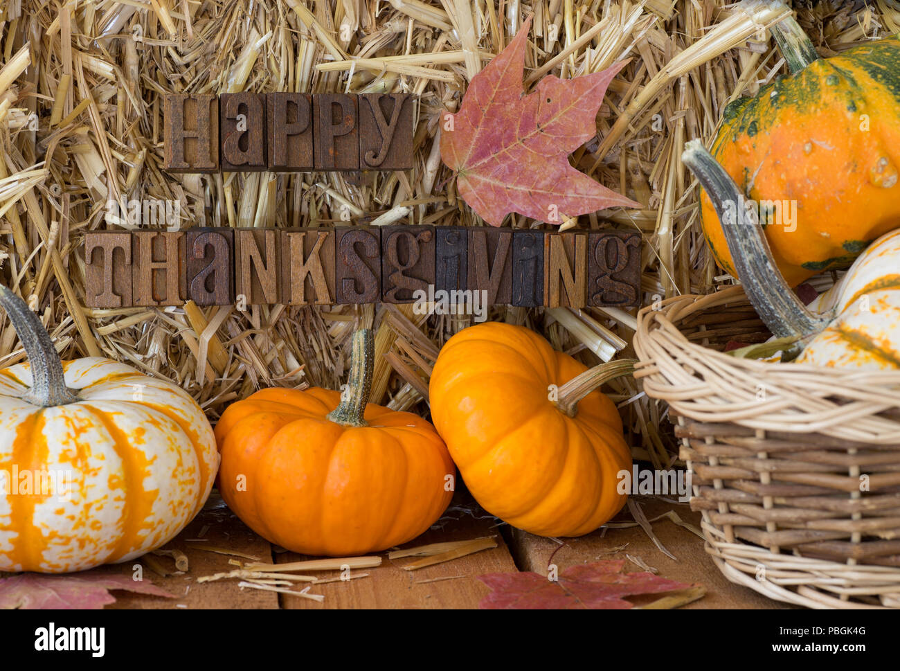 Impostazione di autunno di colorate zucche e zucche con felice lettere di ringraziamento Foto Stock