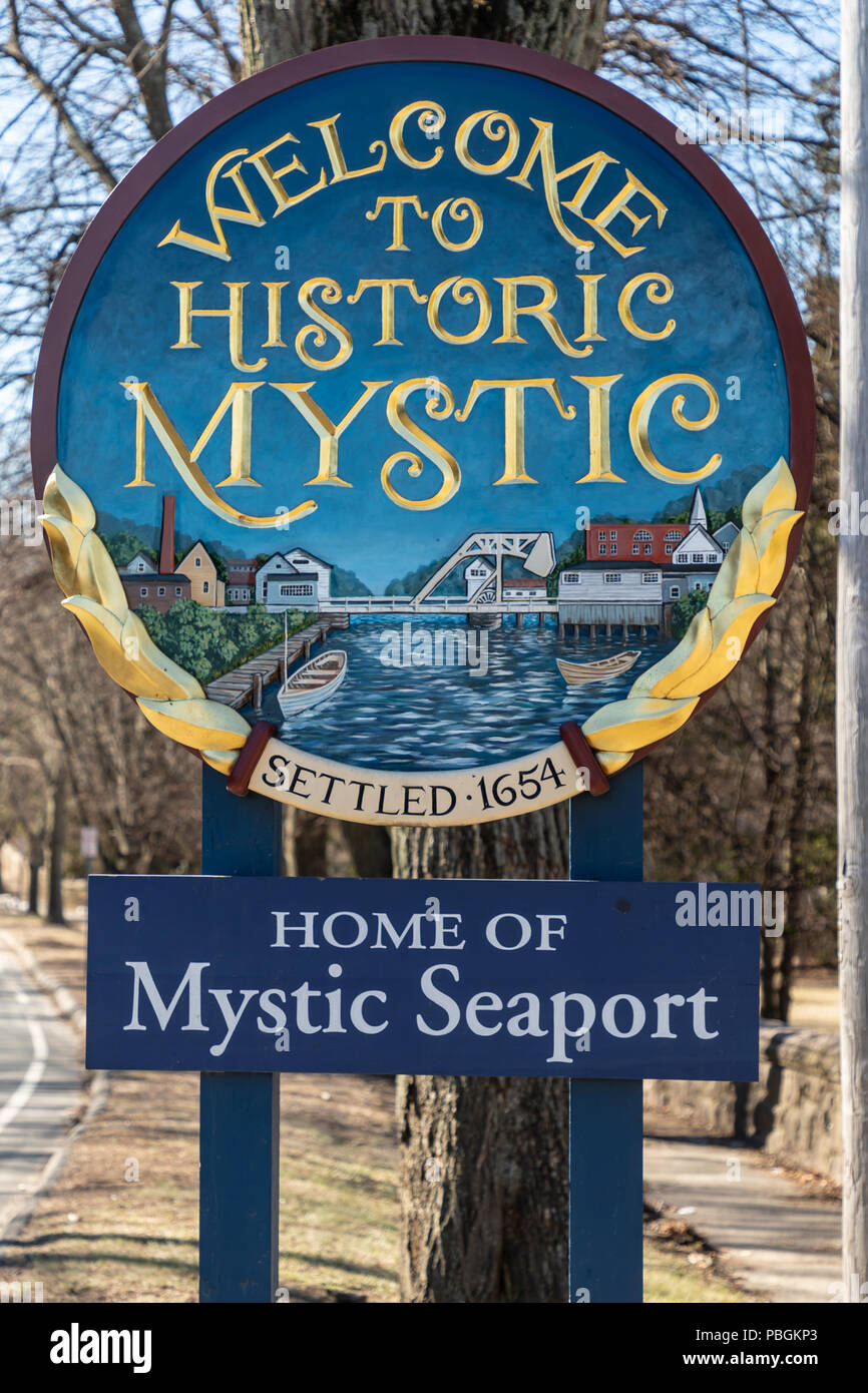 Mystic Connecticut segno di benvenuto. Foto Stock