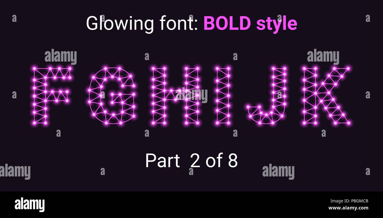 Viola font incandescente nel profilo di stile. Alfabeto di vettore con connessioni, linee, struttura poligonale e incandescente nodi. Lo stile grassetto, parte 2 con uppe Illustrazione Vettoriale