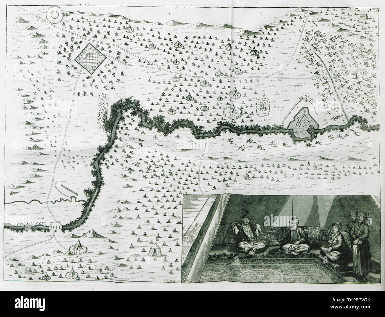 1628 La disposizione del Russo e Ottomano truppe nella battaglia di Stănileşt durante la campagna Pruth (1711) Ottoman - La Mottraye Aubry De - 1727 Foto Stock