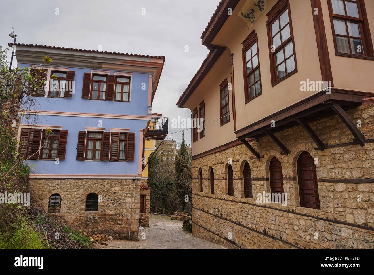 Edifici di architettura tradizionale e le vecchie case a Barbouta, Veria. Barbouta è il nome del quartiere ebraico di Veria, una piccola città in Macedonia, Foto Stock