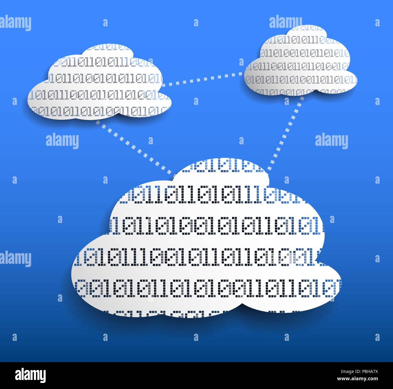 Il cloud storeage o cloud computing concetto con nuvola bianca forme e codice binario su sfondo blu illustrazione vettoriale Illustrazione Vettoriale