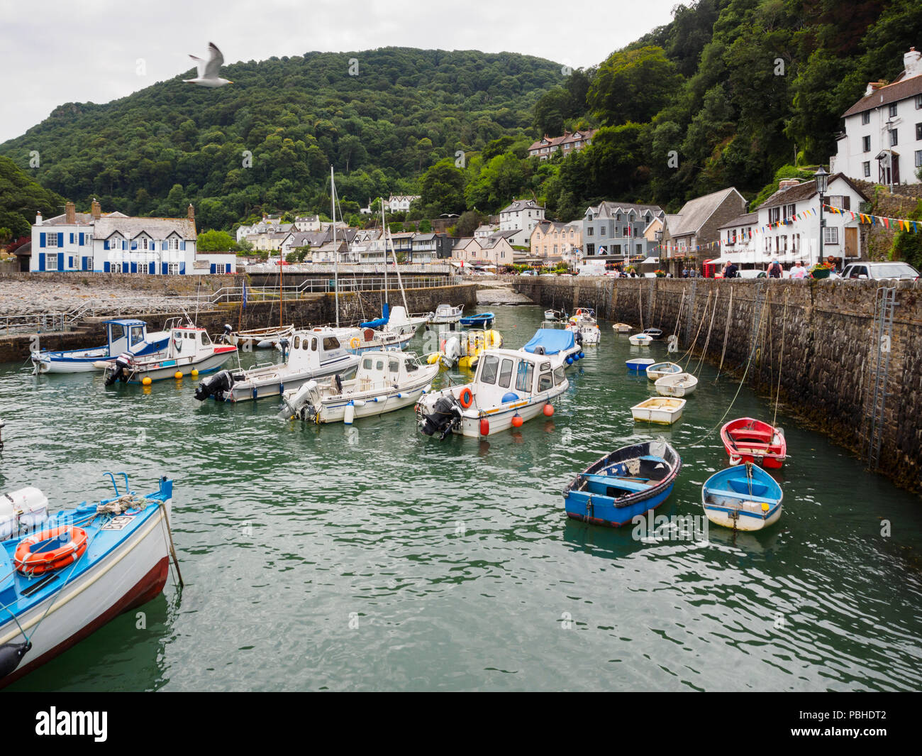 Mix di pesca e da diporto nel piccolo porto di Lynmouth, Devon, Regno Unito Foto Stock