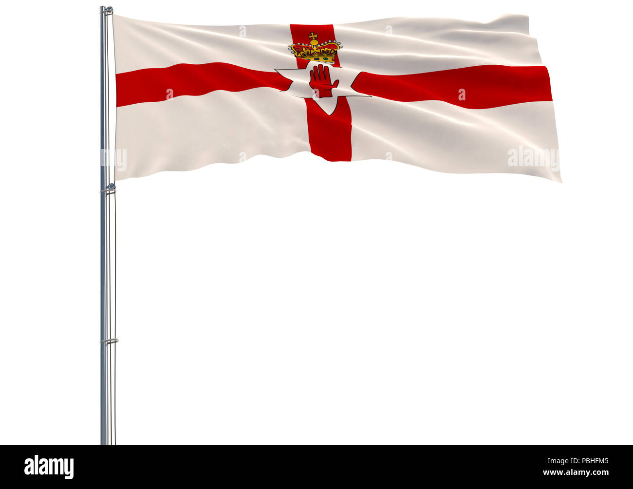 Isolare la bandiera dell'Irlanda del Nord su un pennone che fluttua nel vento su uno sfondo bianco, rendering 3D Foto Stock