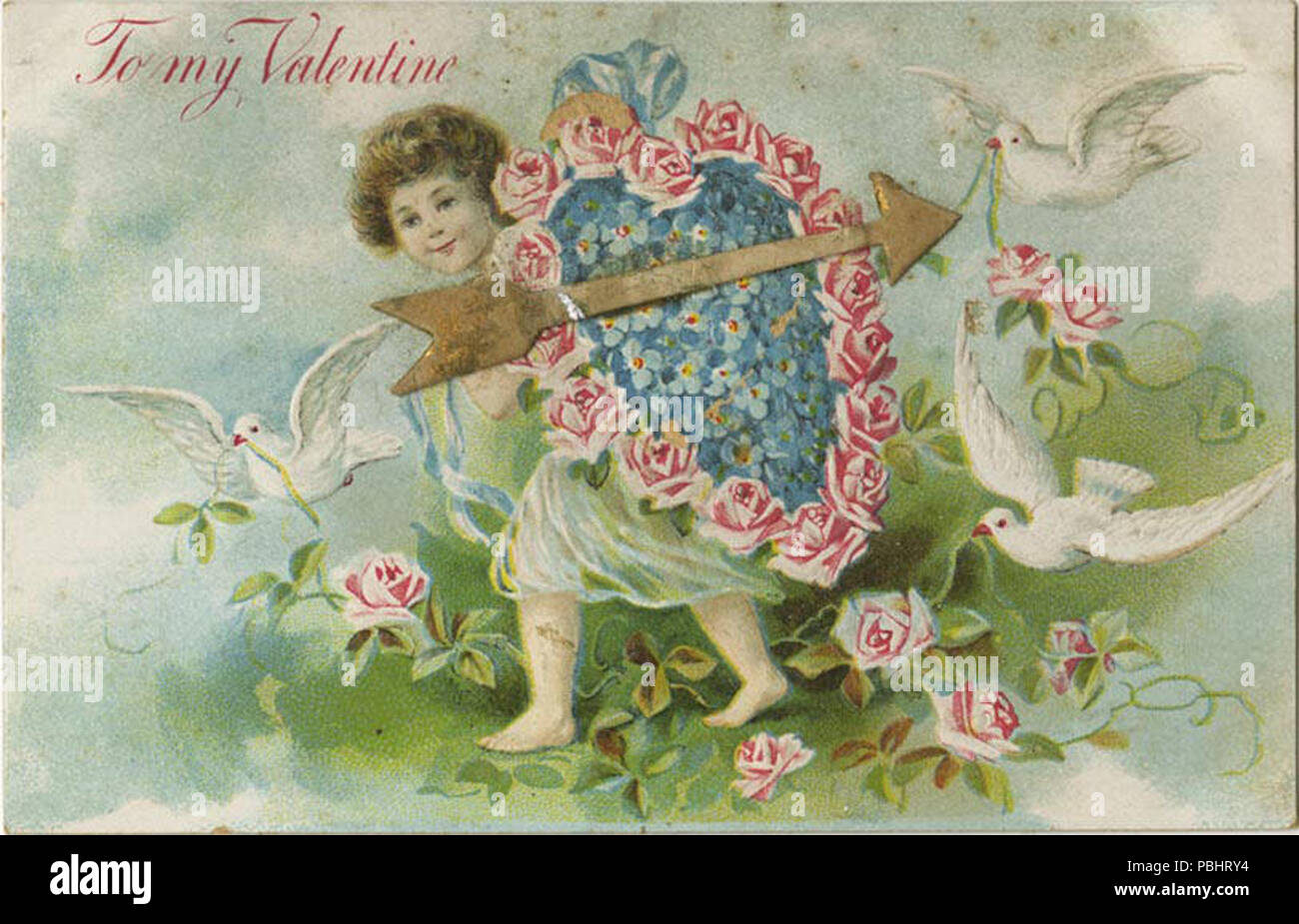 1753 Al mio Valentine, Amorino con rose a forma di cuore e le colombe battenti round. Allegata è una freccia (BNI 17619) Foto Stock
